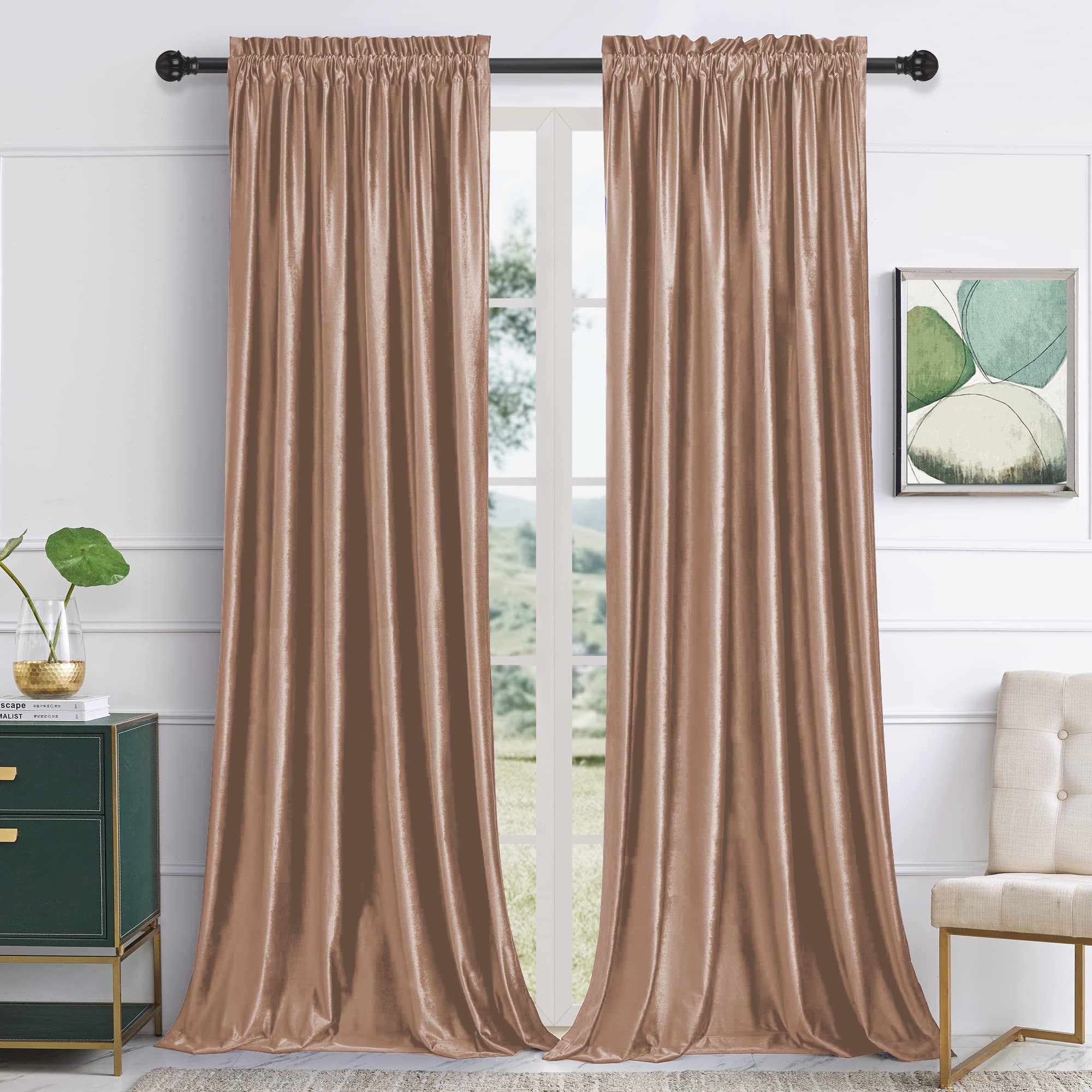 Two light bronze velvet rod pocket blackout curtains for living room & bedroom. Noise reducing privacy panels.