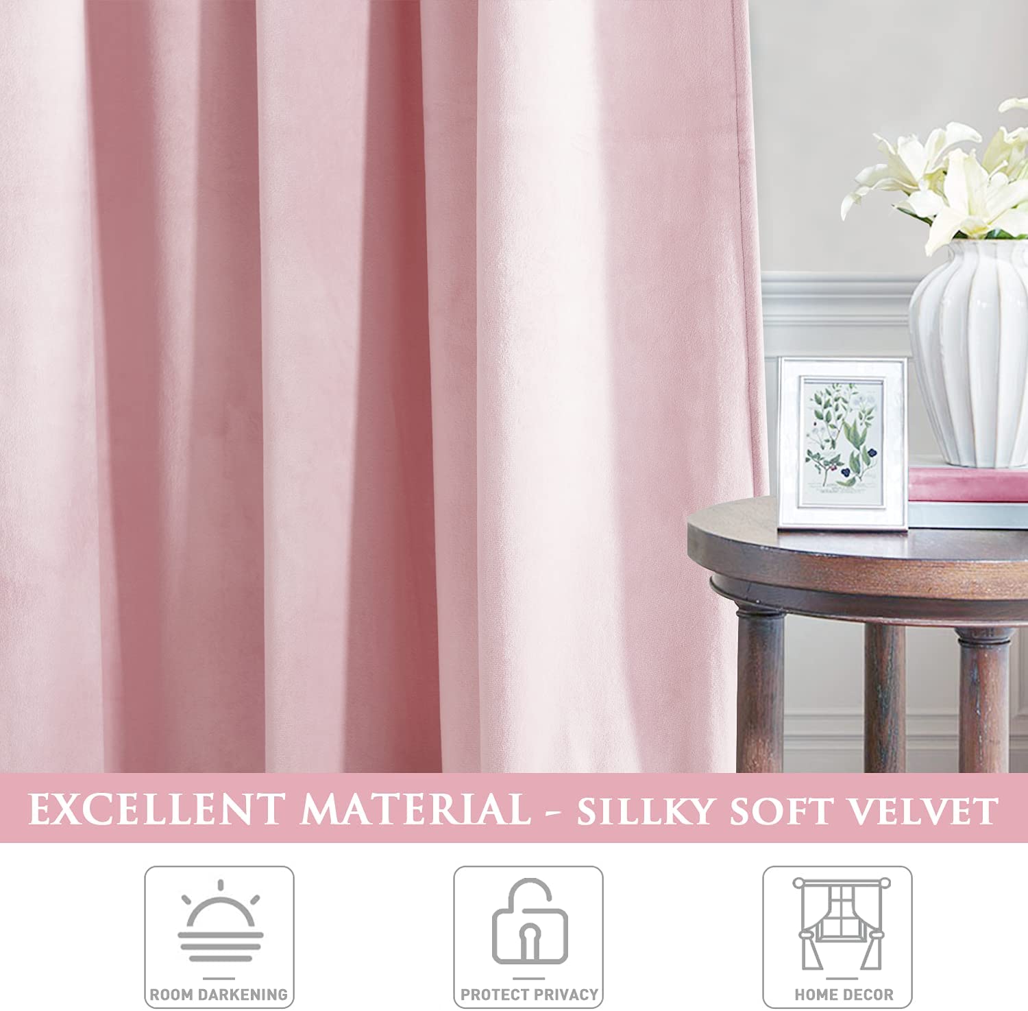 Close-up of draped pink silky soft velvet blackout curtain material, perfect for living room and bedroom noise reduction.