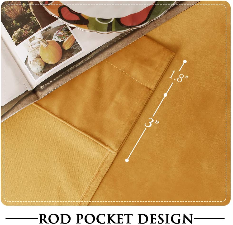 Gold velvet noise reducing blackout curtain, close-up of rod pocket design with 1.8-inch header & 3-inch pocket.