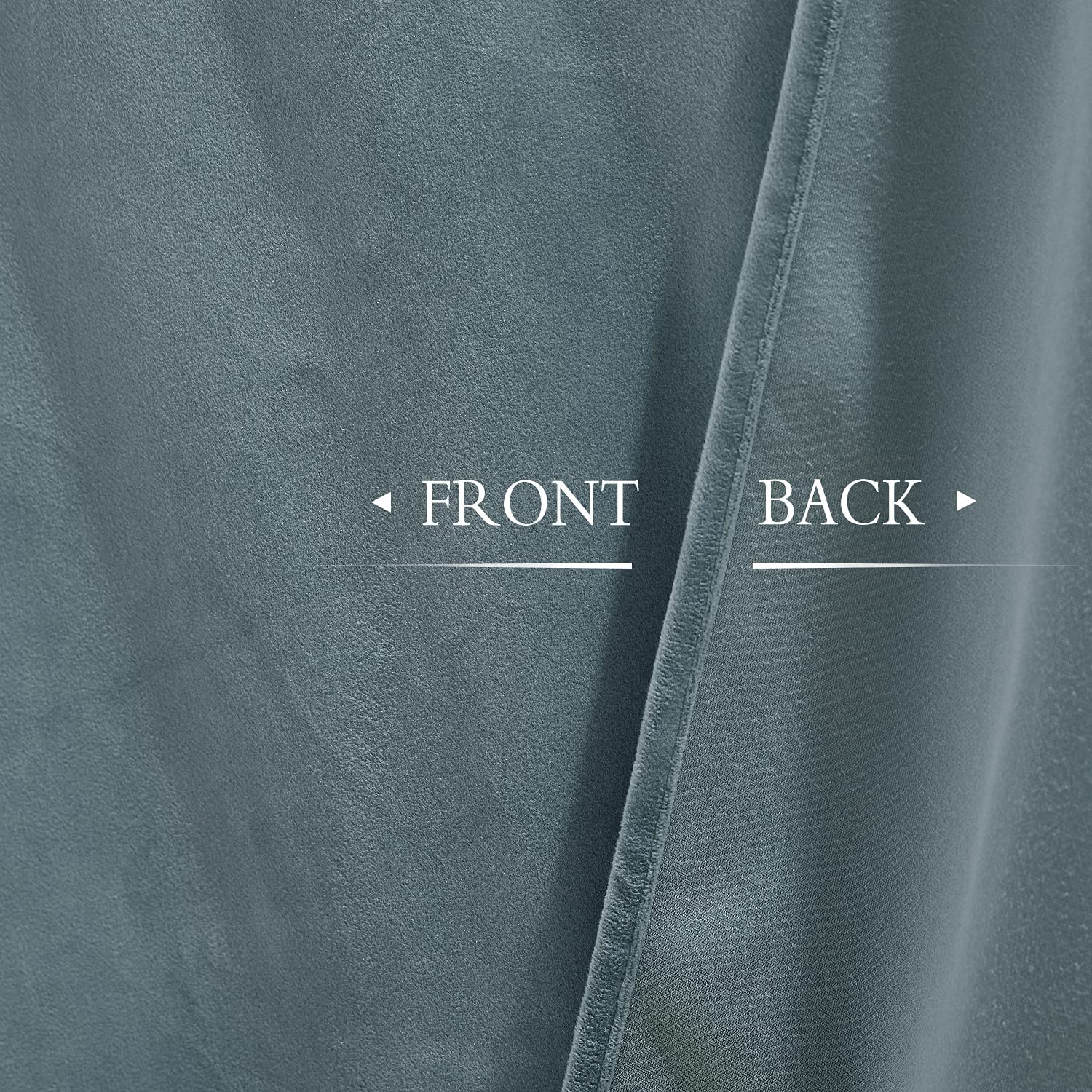 Detail view of teal velvet noise reducing blackout curtain fabric, showing plush front & thick insulated back for room darkening.