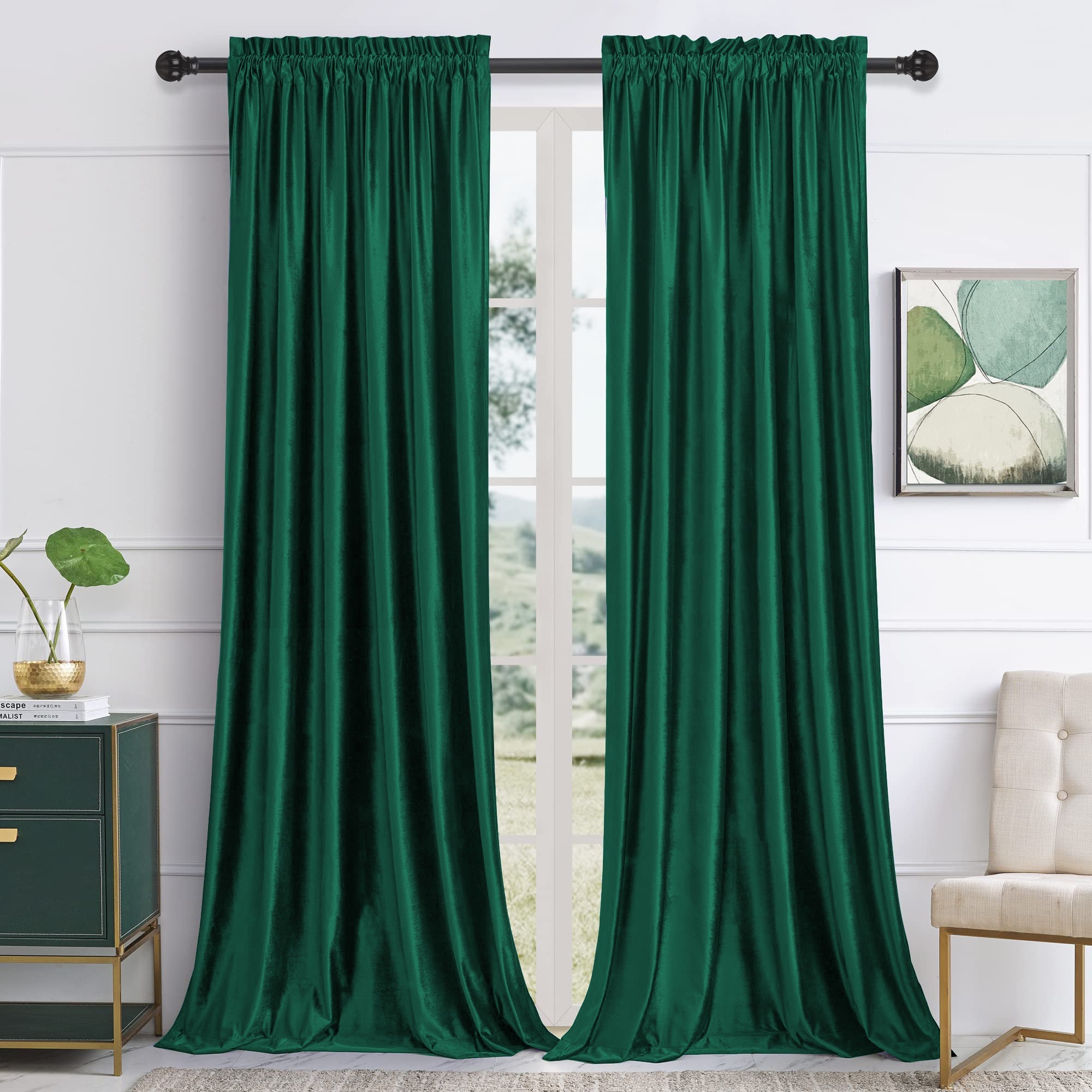 Deep green rod pocket velvet blackout curtains (2 panels) in a living room, providing noise reduction and privacy.