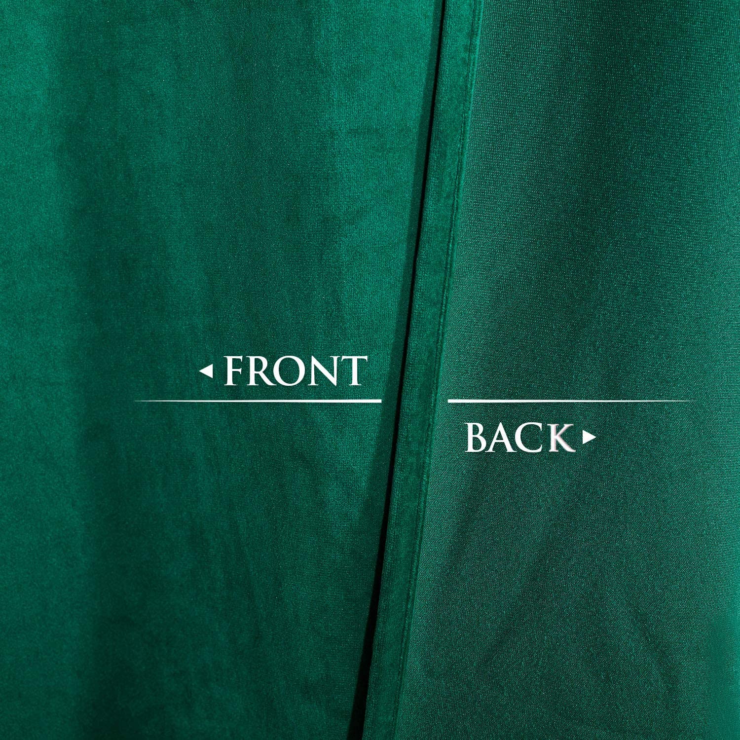 Close-up of front dark green velvet blackout curtain fabric & back noise reducing layer for living room/bedroom