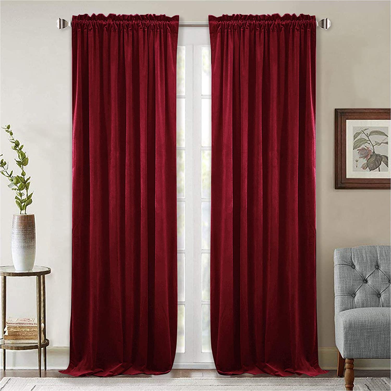 Two deep red rod pocket blackout velvet curtains for living room or bedroom, offering noise reduction and privacy.