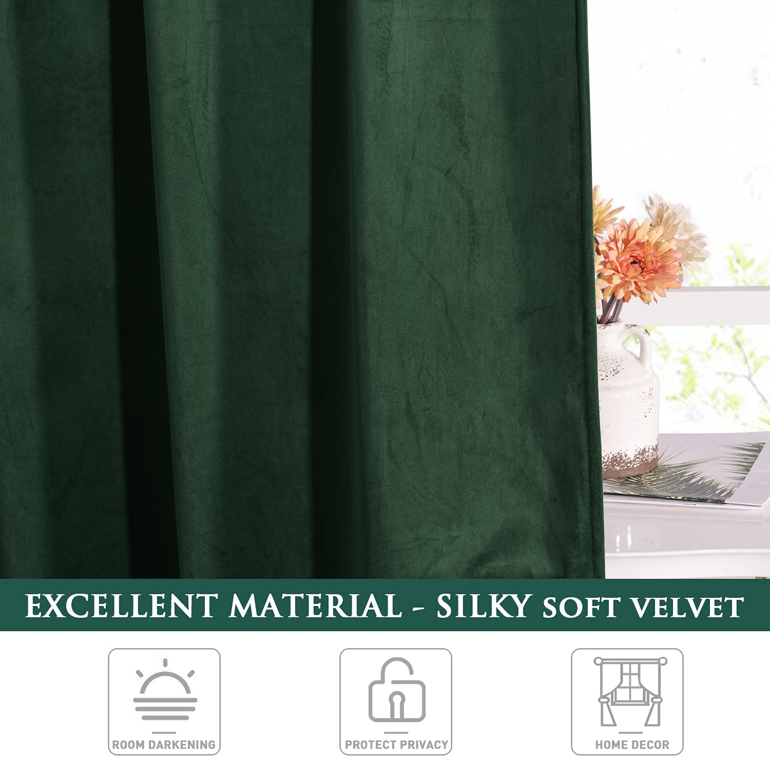 Close-up of luxurious dark green silky velvet blackout curtain fabric, ideal for living room & bedroom privacy & darkening.