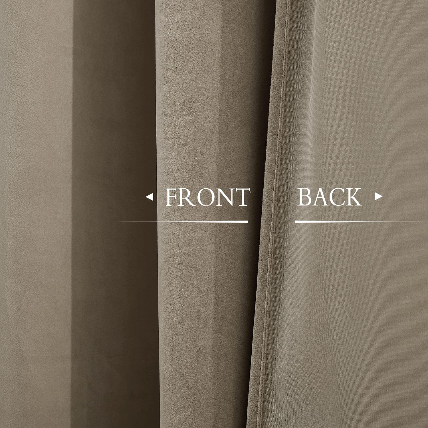 Close-up showing front and back textures of a taupe velvet noise reducing blackout curtain fabric.