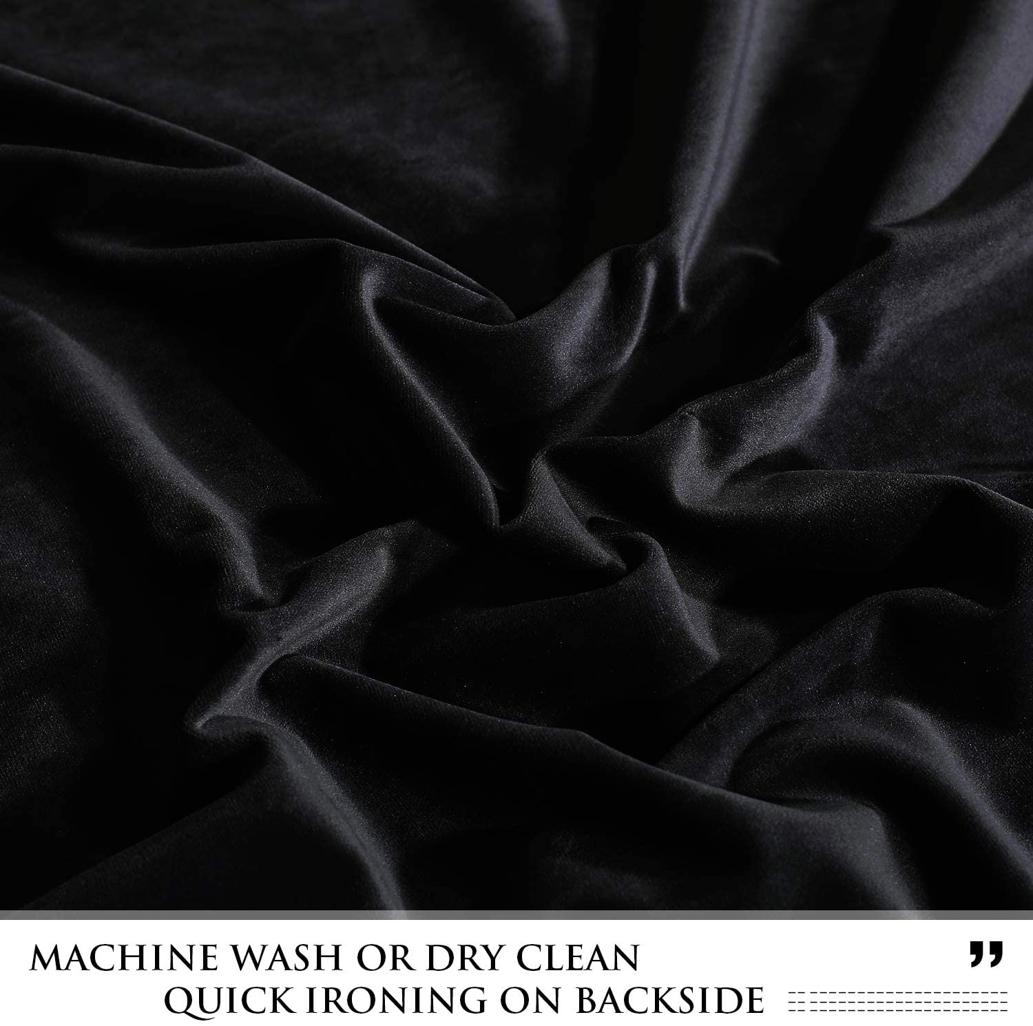 Close-up of plush black velvet fabric, showcasing the soft texture and deep color of noise-reducing blackout curtains.