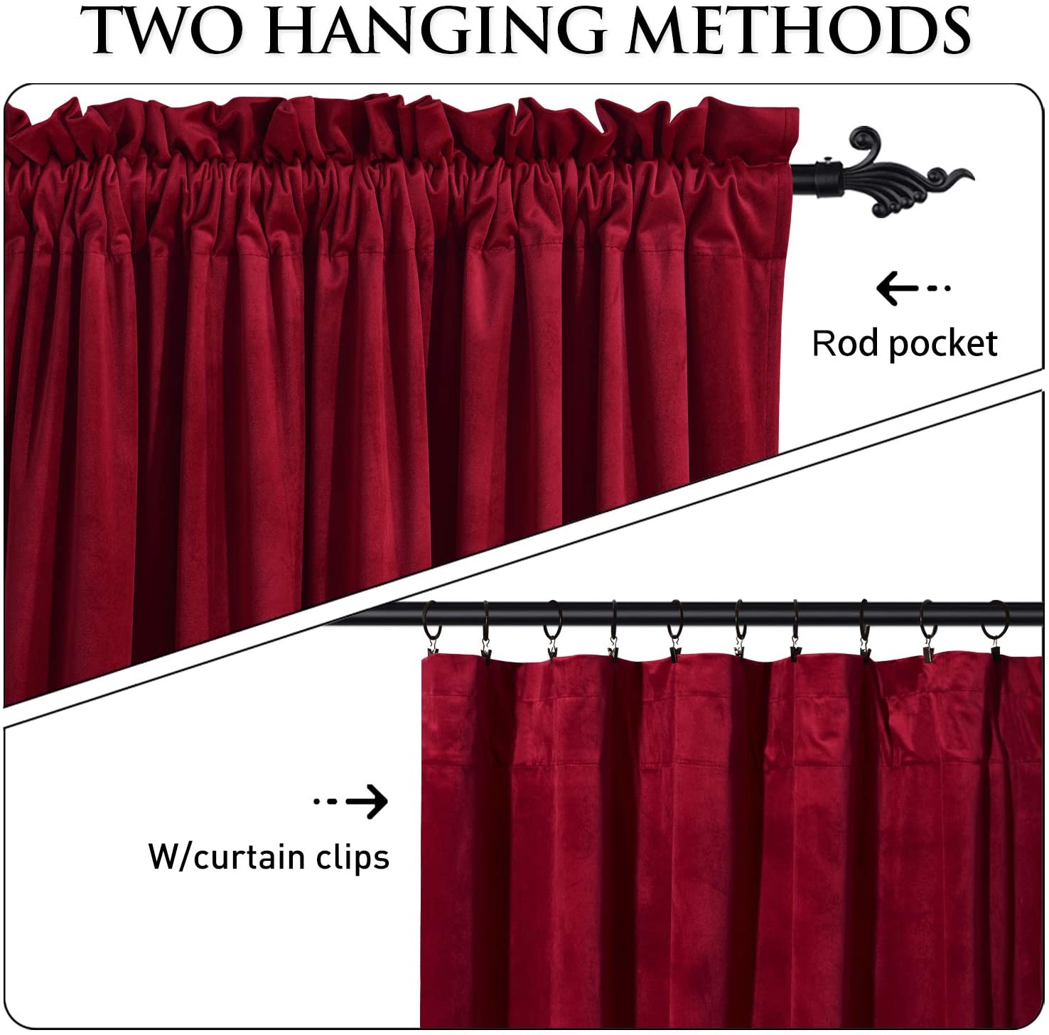 Red velvet rod pocket blackout curtains shown with two hanging styles: direct rod pocket or with clip rings.