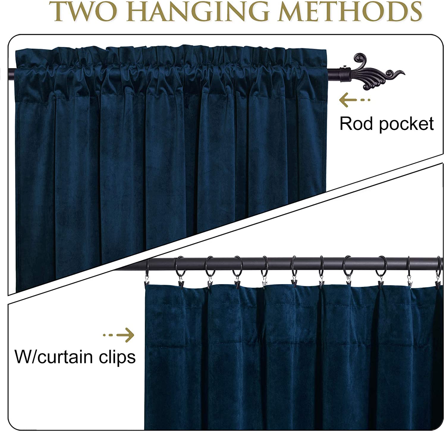 Blue velvet noise reducing blackout curtains, showcasing rod pocket top and clip ring hanging options for living room & bedroom.