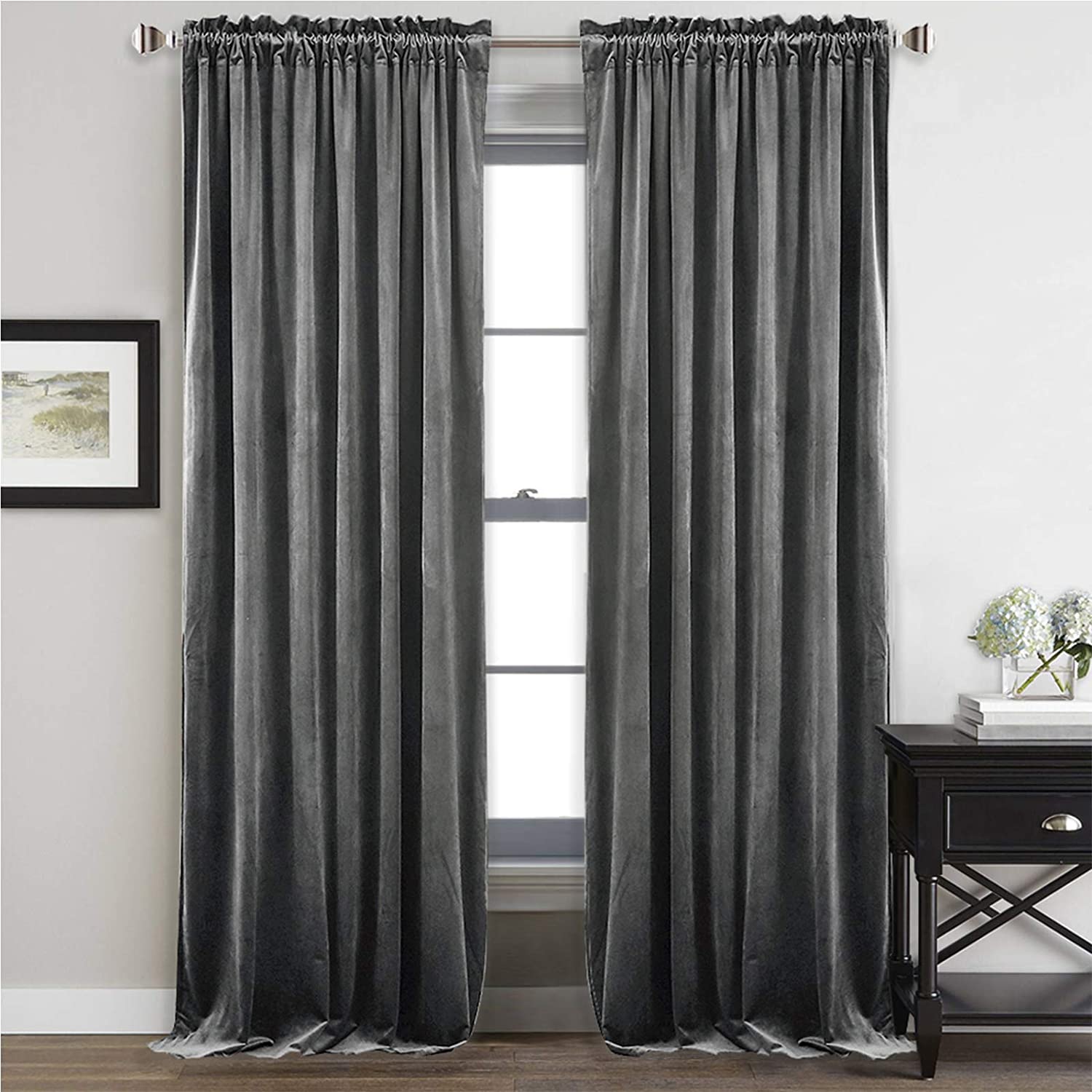 Charcoal velvet rod pocket blackout curtains (2 panels) for living room & bedroom, providing noise reduction & privacy.