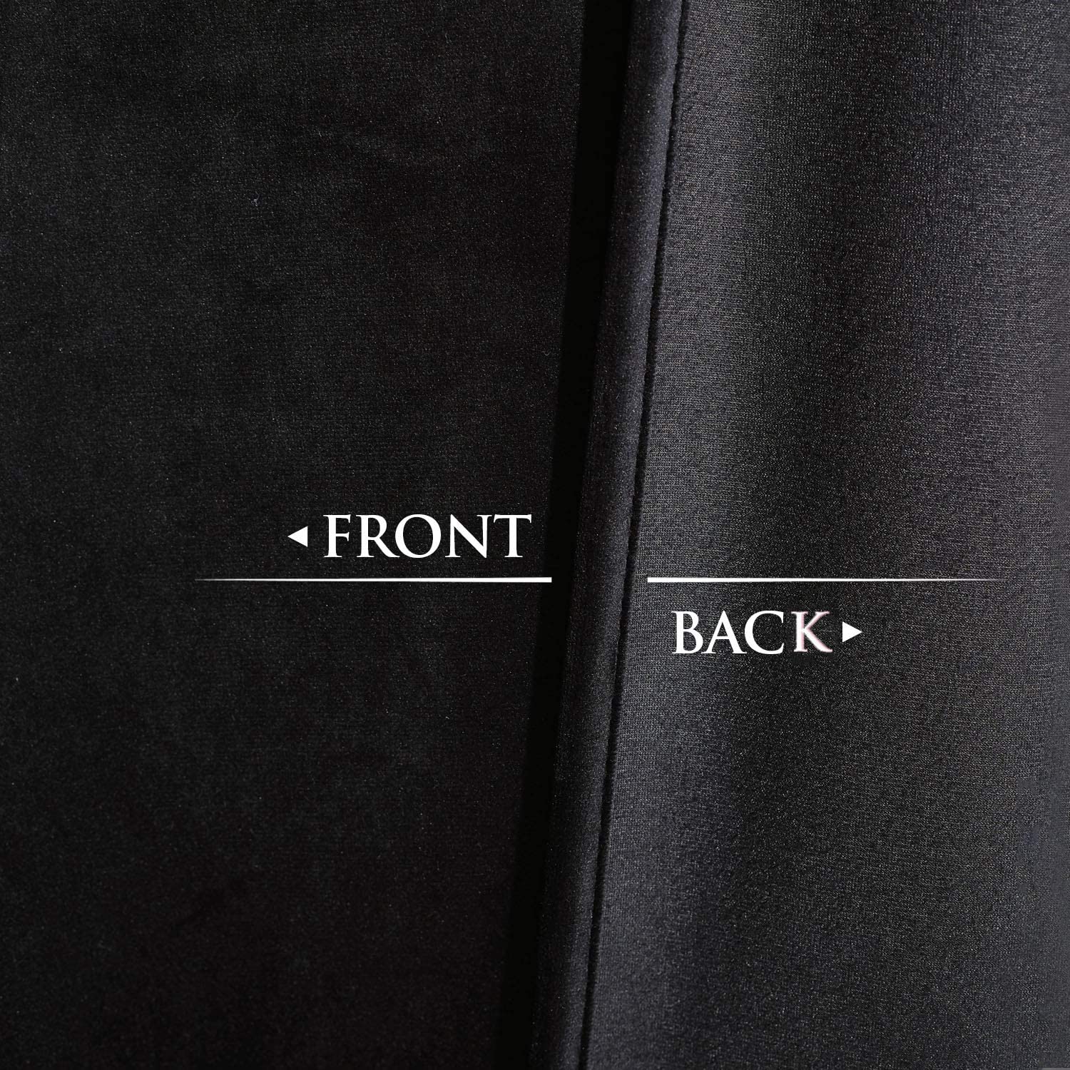 Close-up comparing plush velvet front and smooth back of black noise reducing blackout curtains fabric for bedrooms & living rooms.