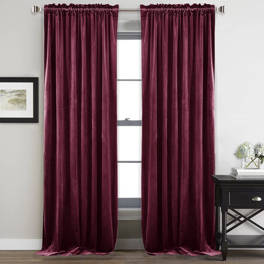 Deep red velvet rod pocket blackout curtains (2 panels) for living room or bedroom, enhancing style & noise reduction.