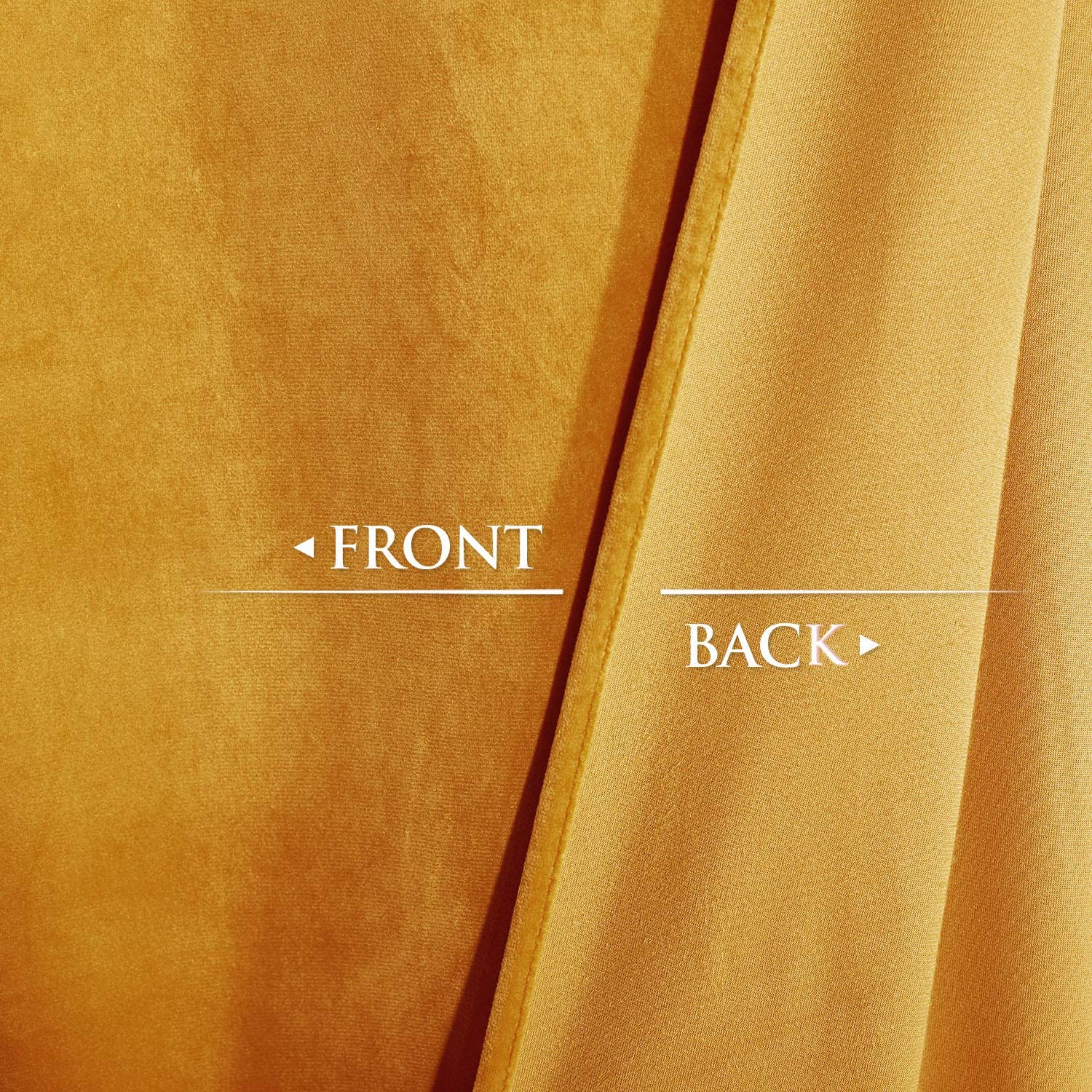 Luxury gold velvet blackout curtain fabric showcasing plush front texture and thermal back for noise reducing.