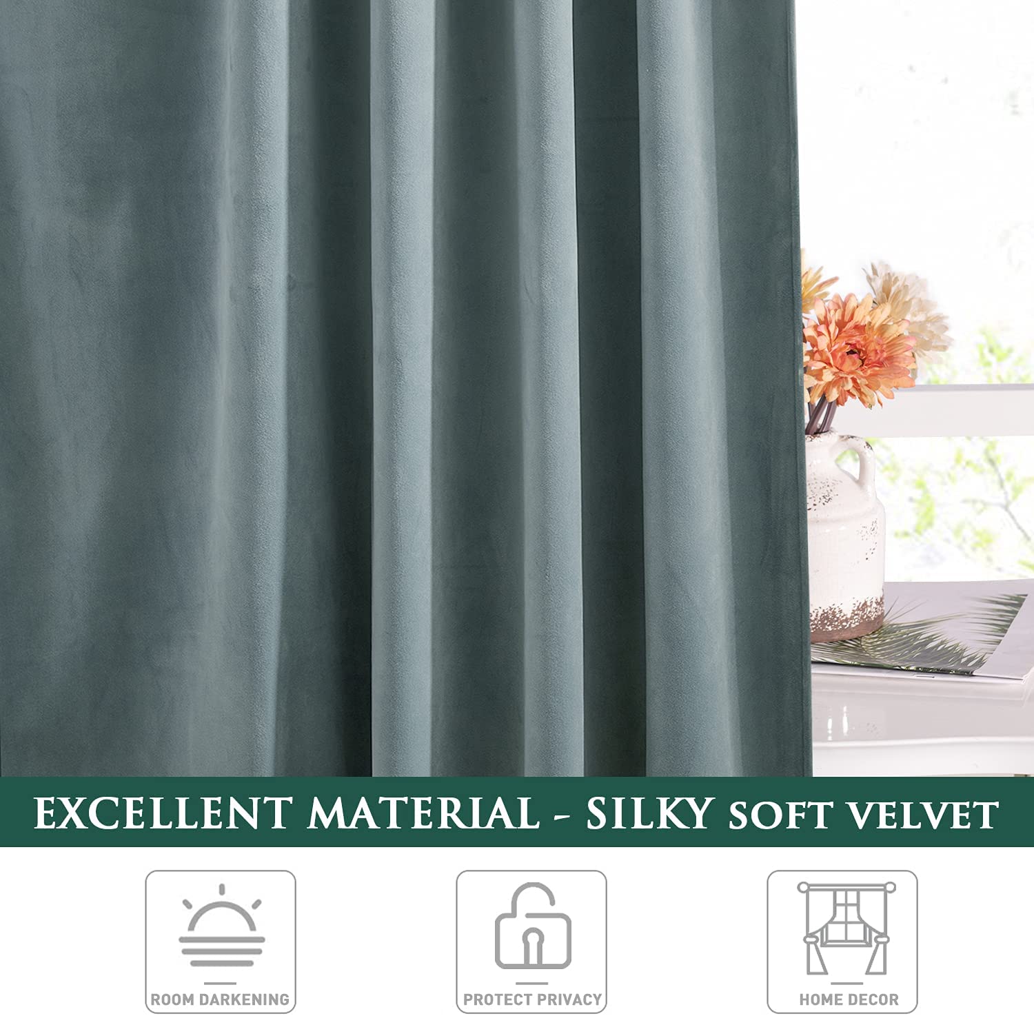 Silky soft teal velvet blackout curtain, showing luxurious texture and elegant folds. Ideal for noise reducing privacy in living or bedrooms.