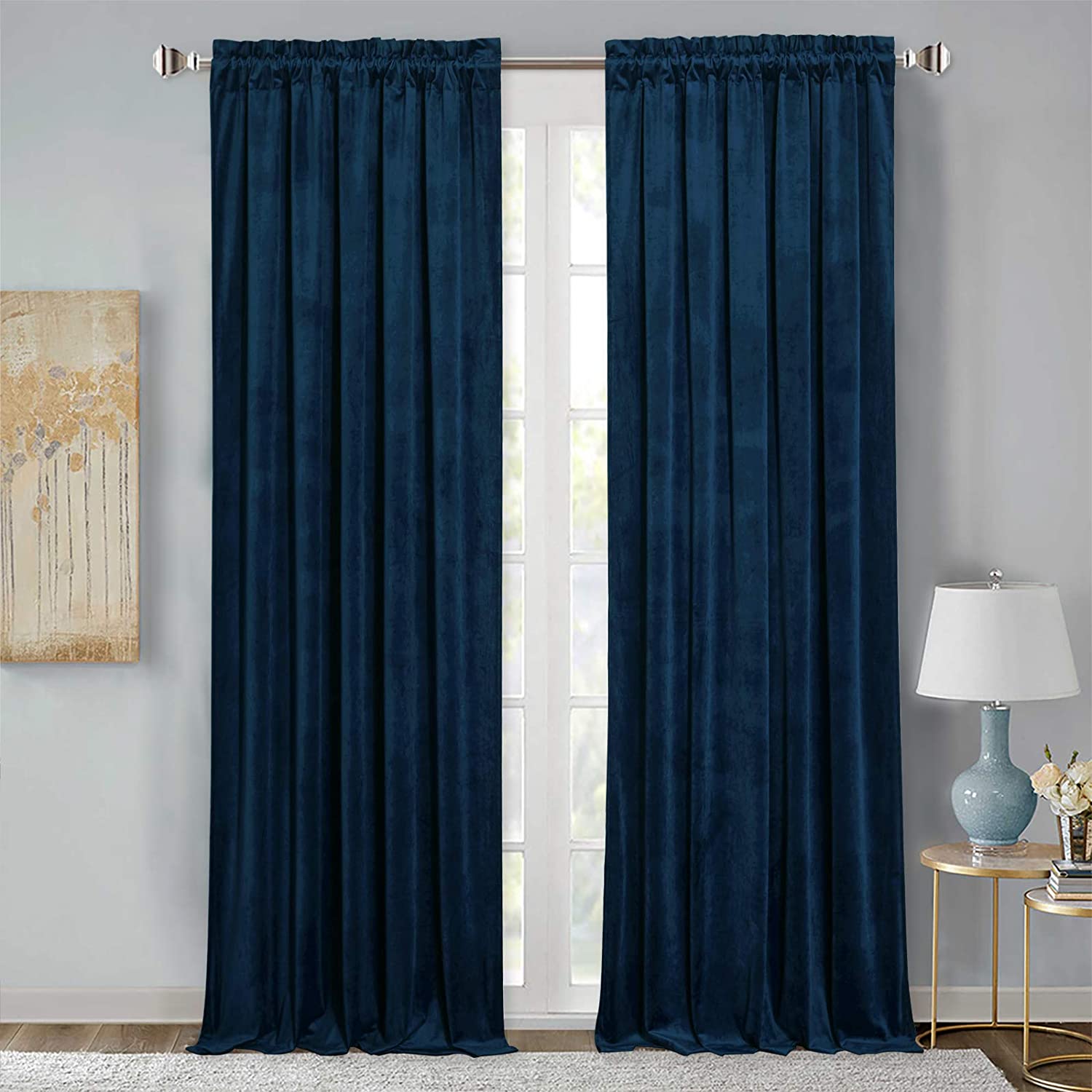 Two closed dark blue velvet rod pocket curtains, noise reducing blackout panels, for living room & bedroom window.