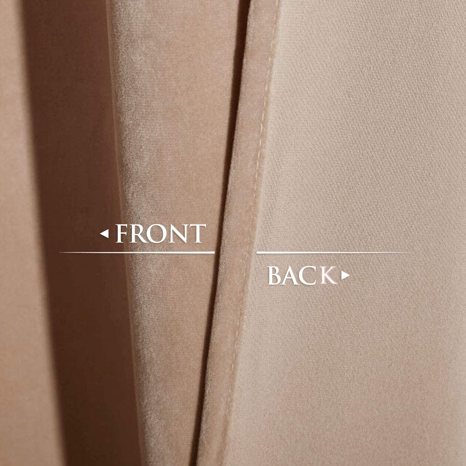 Close-up of beige velvet blackout curtain showing the textured front and smoother back fabric for noise reduction and light blocking.