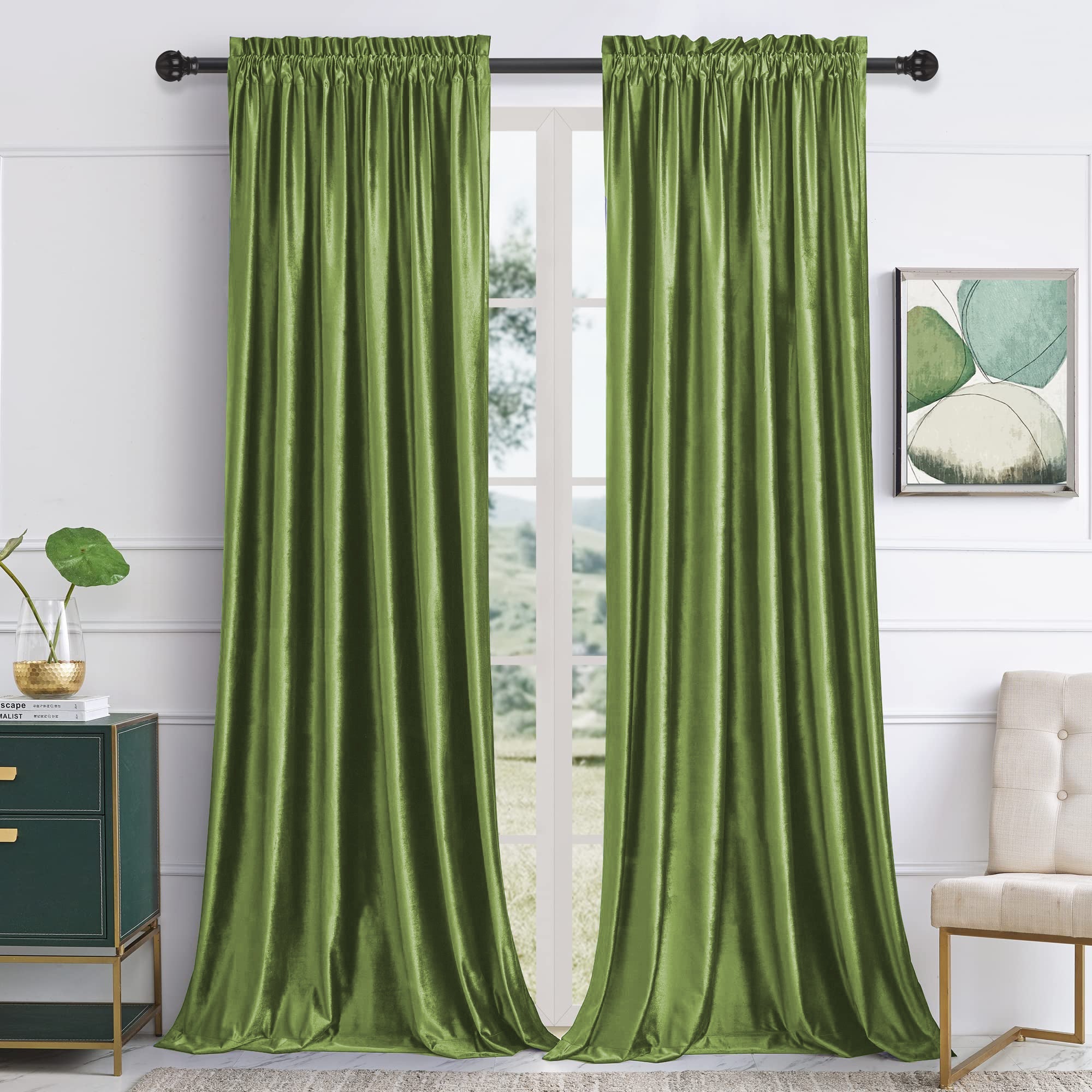 Two olive green velvet rod pocket blackout curtain panels, noise reducing, for living room or bedroom window.