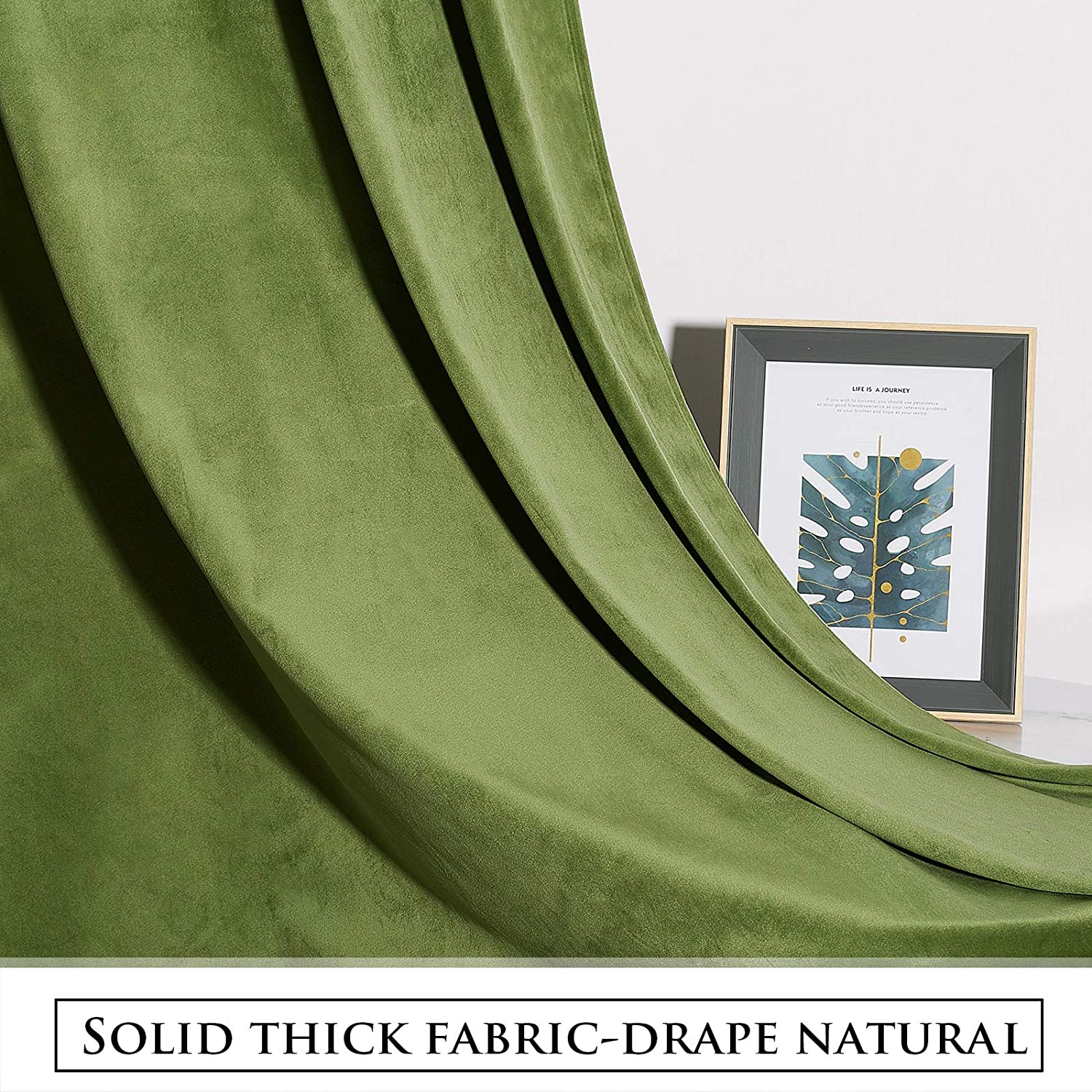 Luxurious, thick olive green velvet blackout curtain fabric with elegant folds, highlighting its noise-reducing drape for living rooms.