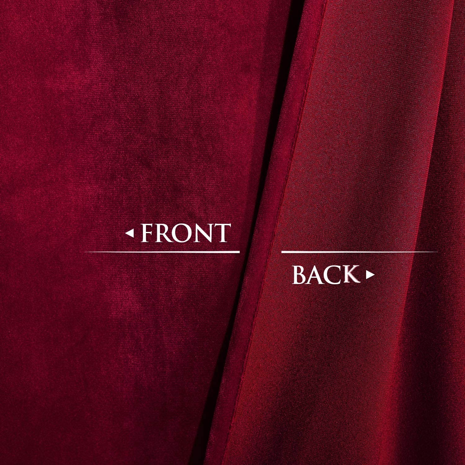 Front and back detail of deep red velvet blackout curtain, highlighting plush velvet texture and smooth, noise-reducing lining.
