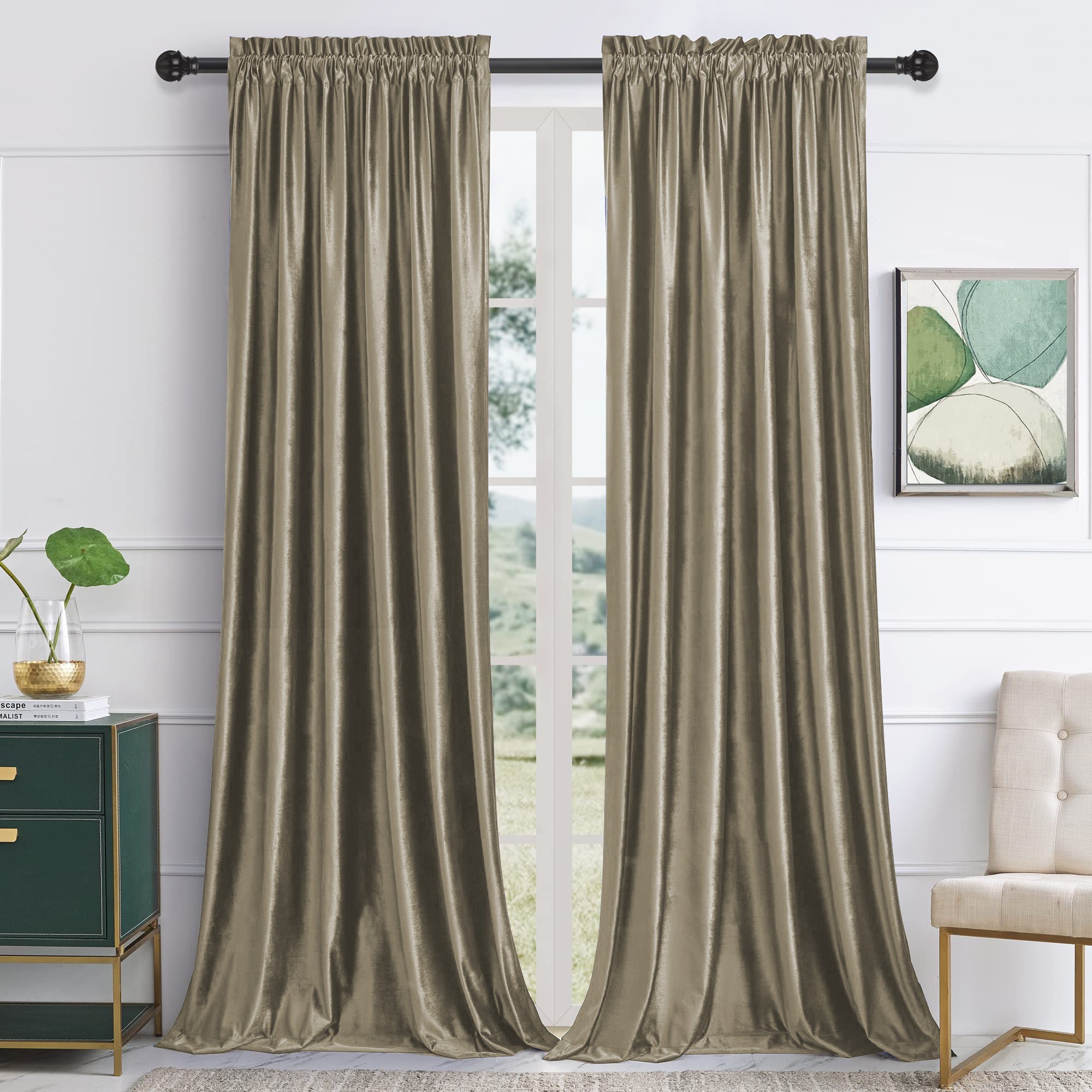 Elegant taupe velvet rod pocket blackout curtains (2 panels) for living room & bedroom, providing noise reduction.