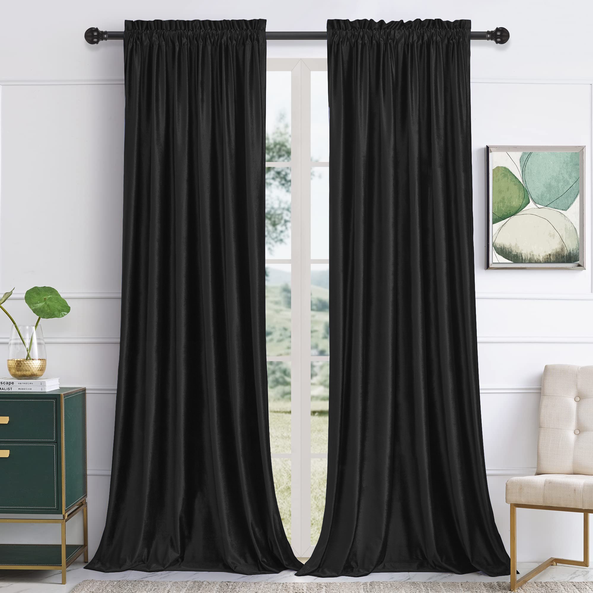 Plush black velvet rod pocket blackout curtains (2 panels) for living room or bedroom, designed for noise reduction.