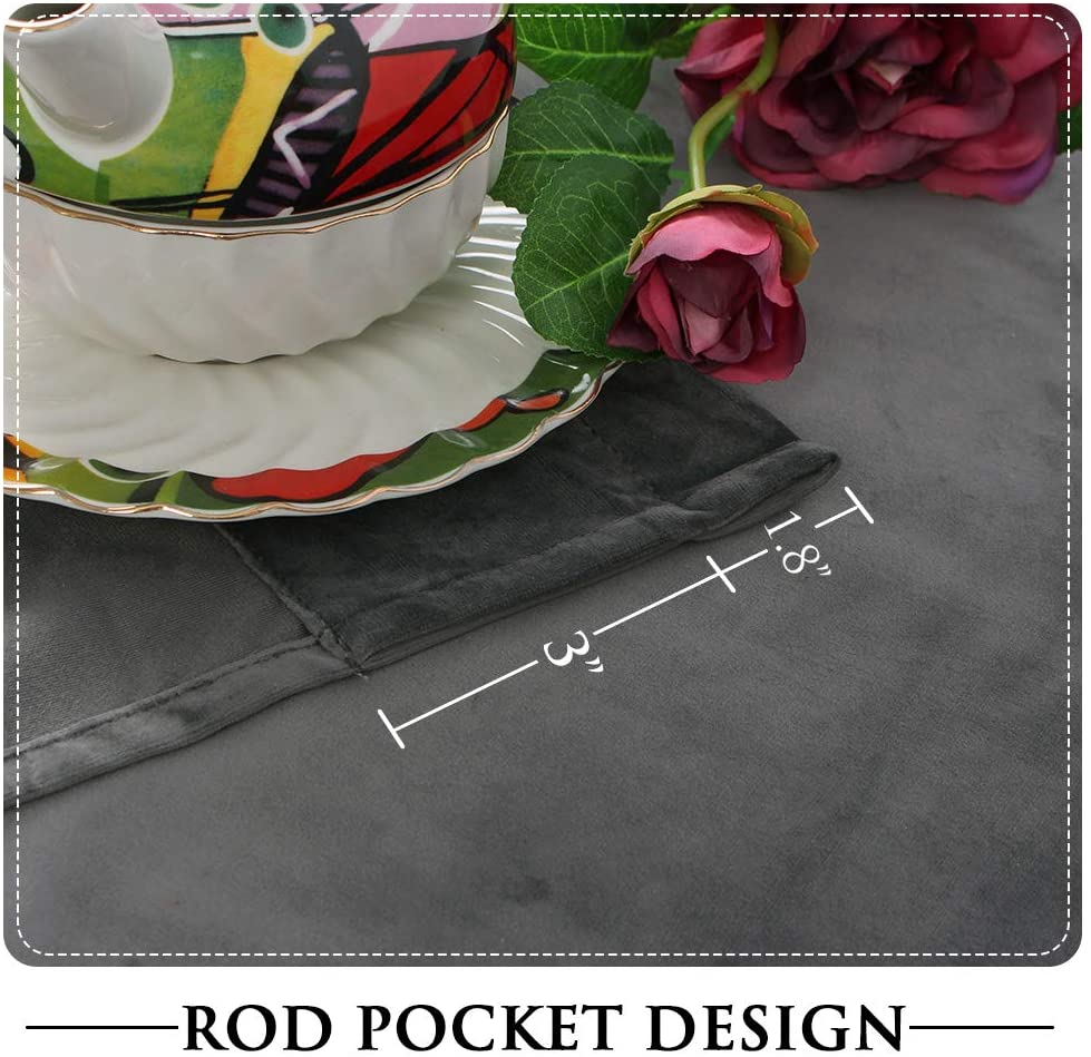 Gray velvet blackout curtain fabric detail showing rod pocket design with 3-inch pocket and 1.8-inch header.
