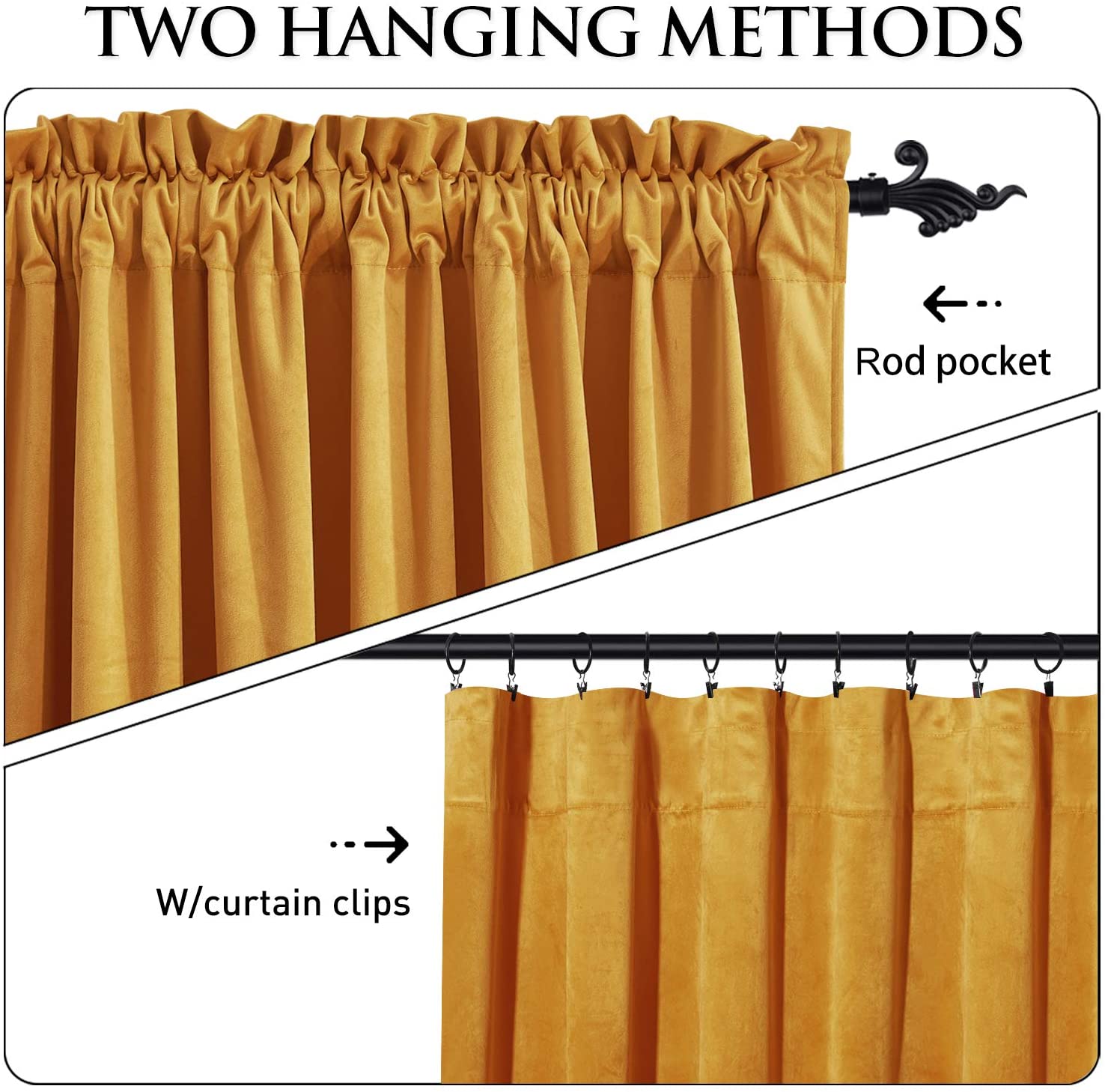 Mustard yellow noise reducing blackout velvet curtains: demonstrating rod pocket and clip ring hanging options.