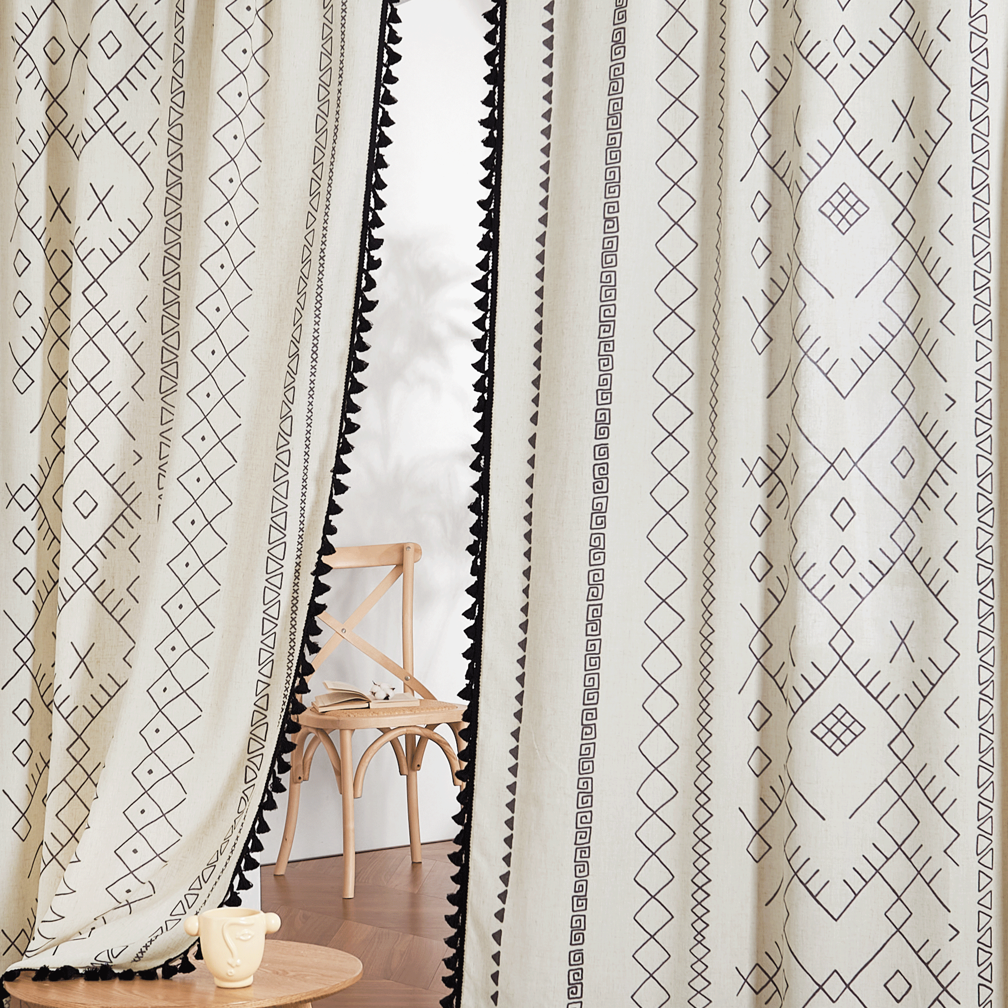 Rod Pocket Pattern Tassel Curtains Sheer Privacy Linen Curtains For Bedroom 2 Panels KGORGE Store