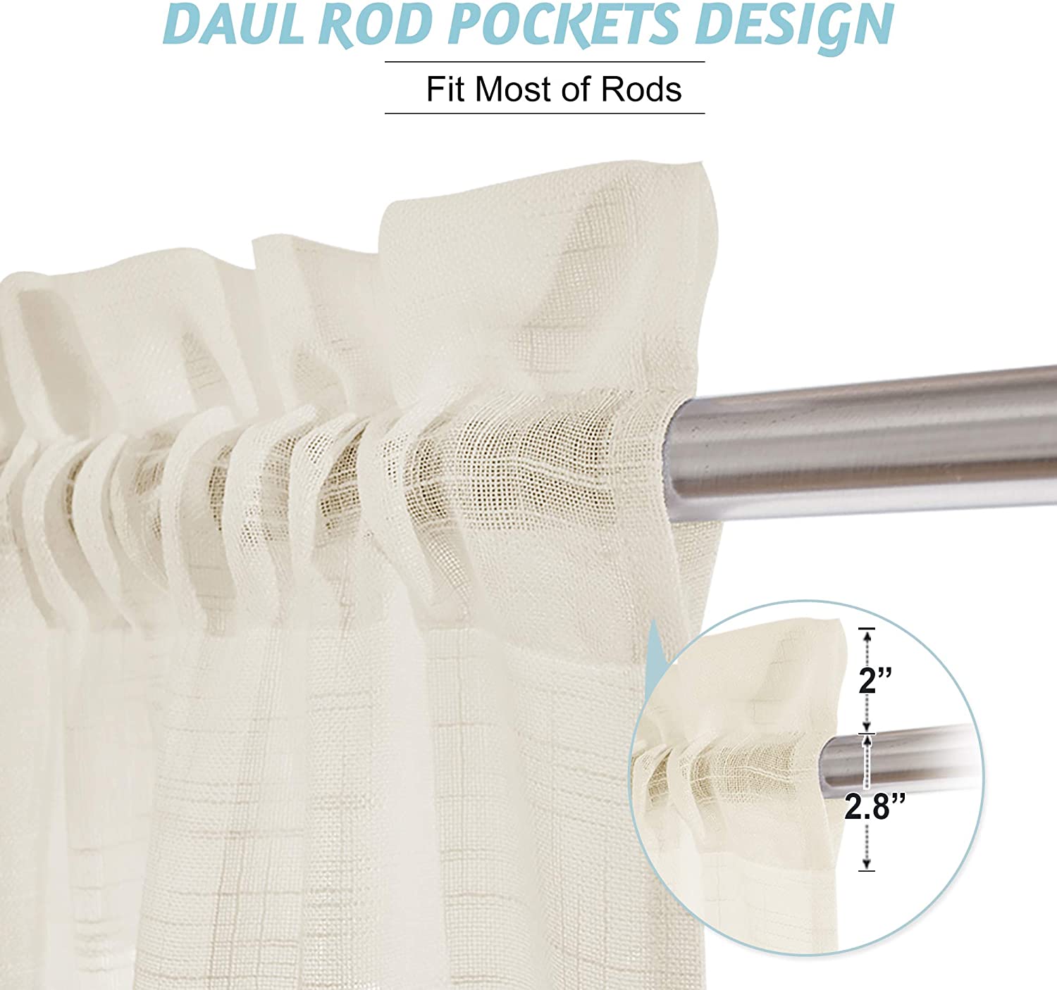 Cream semi-sheer linen curtain's dual rod pocket design, highlighting 2-inch and 2.8-inch pocket options for versatile hanging.