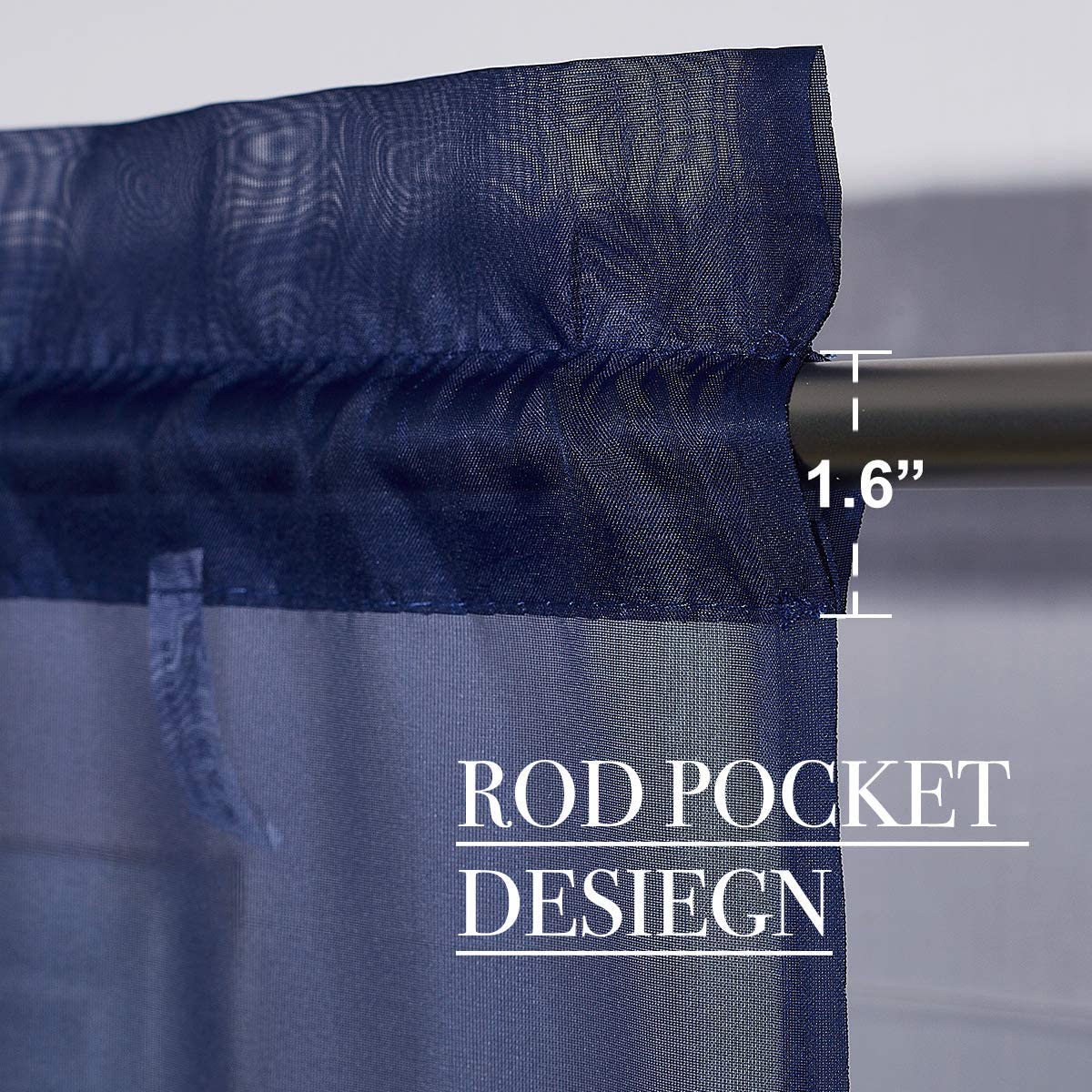 Navy blue sheer voile privacy curtain showcasing 1.6" rod pocket design, ideal for bedroom or living room.