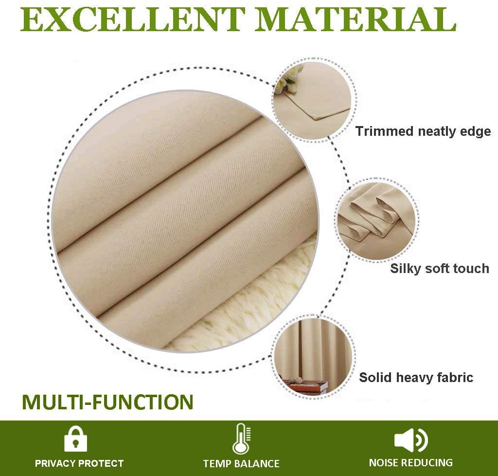 Beige rod pocket thermal insulated blackout curtain fabric details: silky soft, neatly trimmed edge, solid heavy material. Highlights privacy, temp balance.