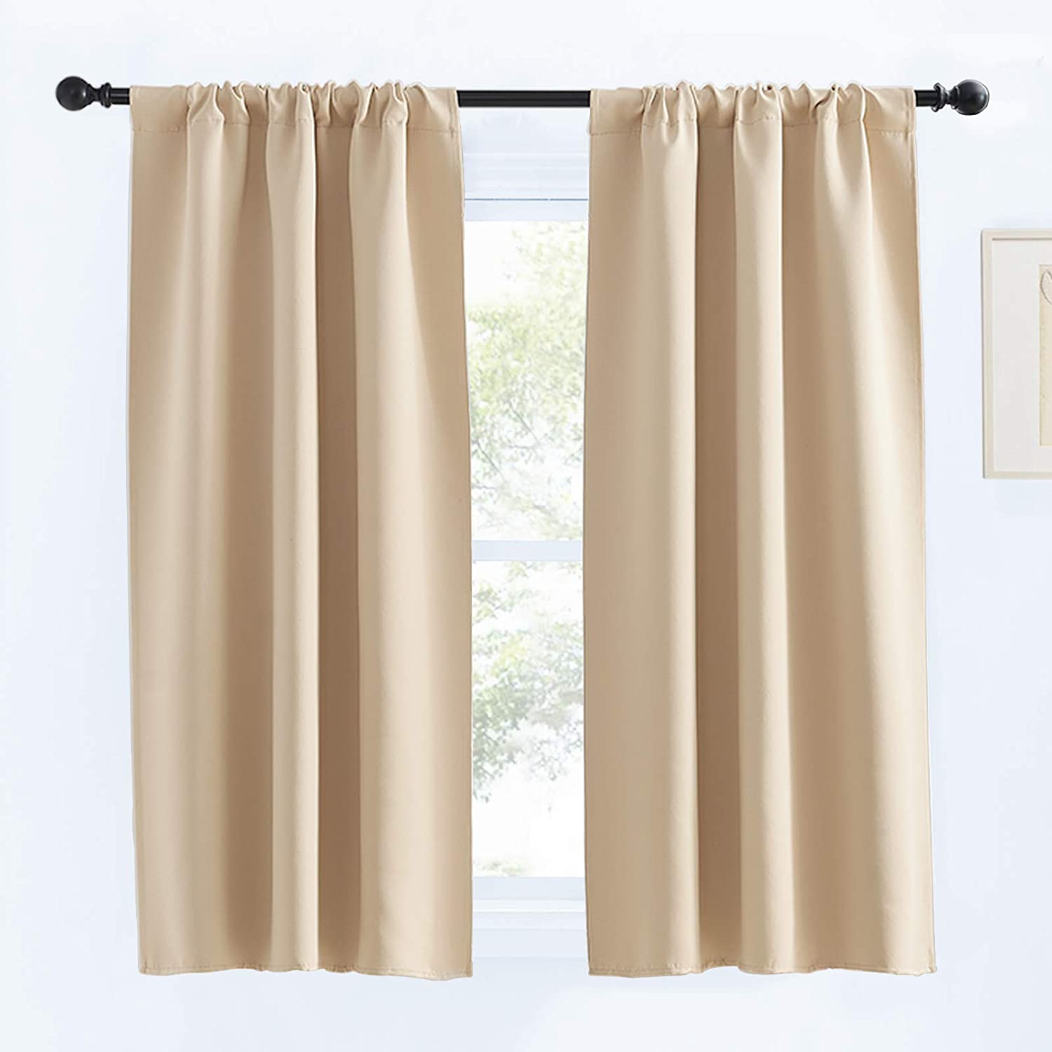 Pair of beige thermal insulated blackout rod pocket curtains for living room & bedroom window