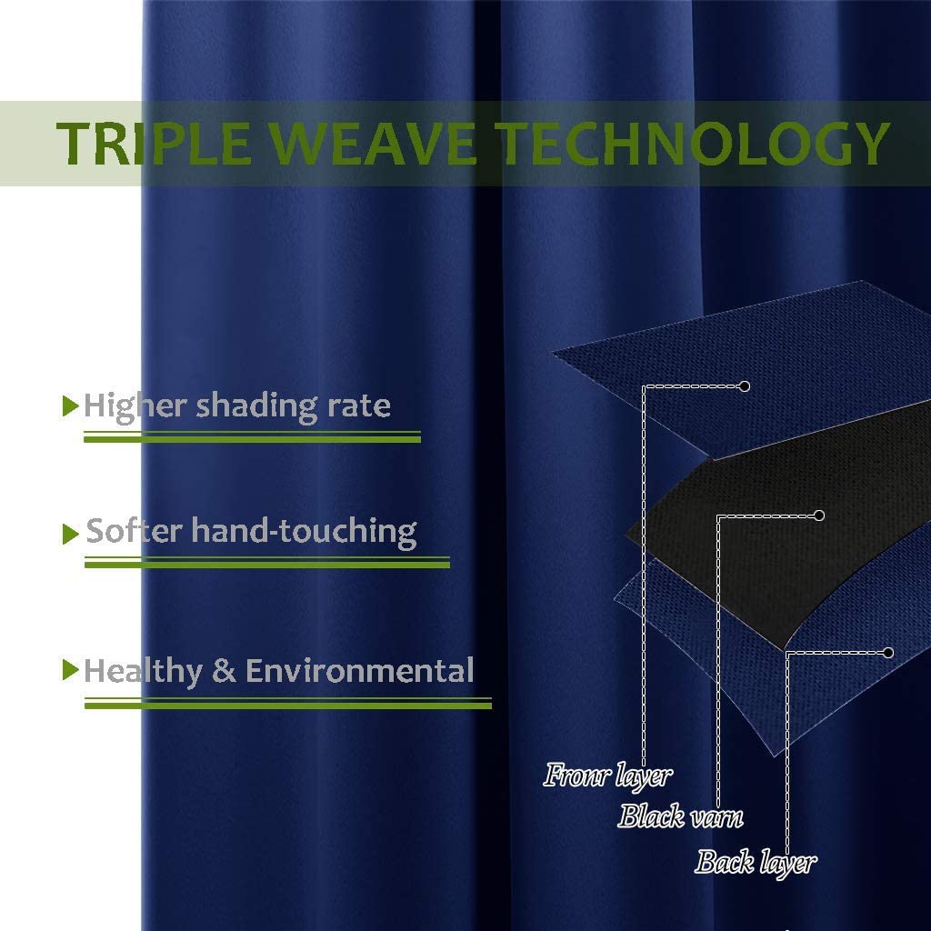 Diagram illustrates triple weave technology of dark blue thermal insulated blackout curtains, showing 3 layers for high shading and soft touch.