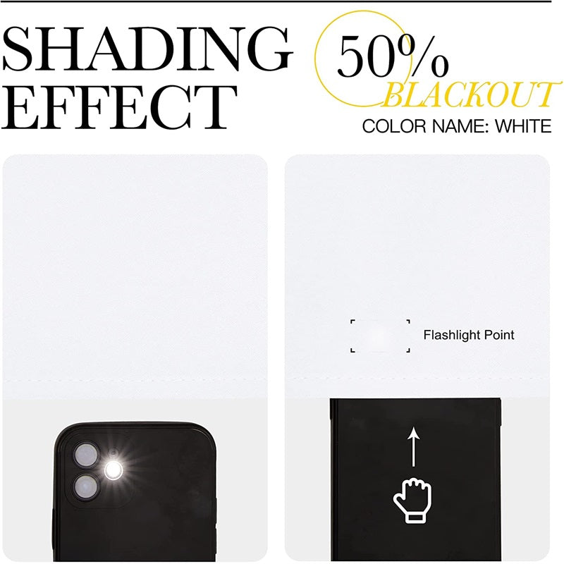 White thermal insulated blackout curtain shows 50% light blocking with flashlight, perfect for living room and bedroom.