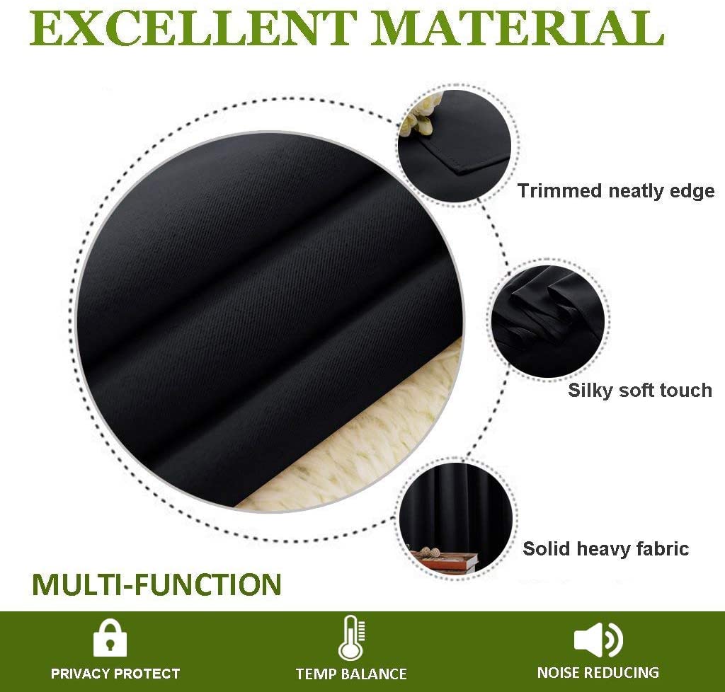 Black thermal insulated blackout curtain material detail: neat edge, soft texture, heavy fabric. Multi-functional for privacy, temperature balance, noise reduction.
