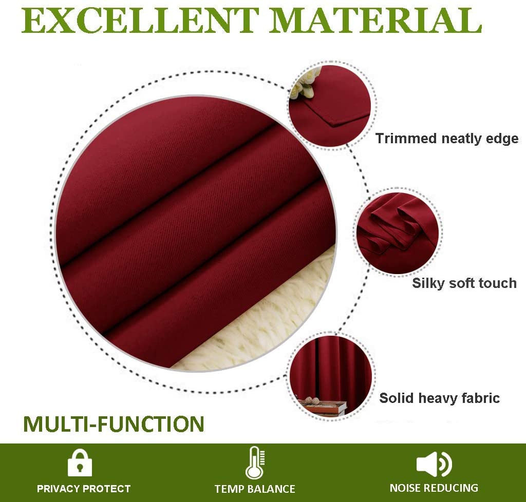 Detailed view of rich deep red thermal insulated blackout curtain fabric, highlighting its silky soft texture, neat edge, and solid heavy material.