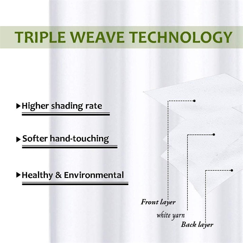 Cutaway view of triple weave technology in blackout curtains, showing three layers (front, white yarn, back) for thermal insulation & higher shading.