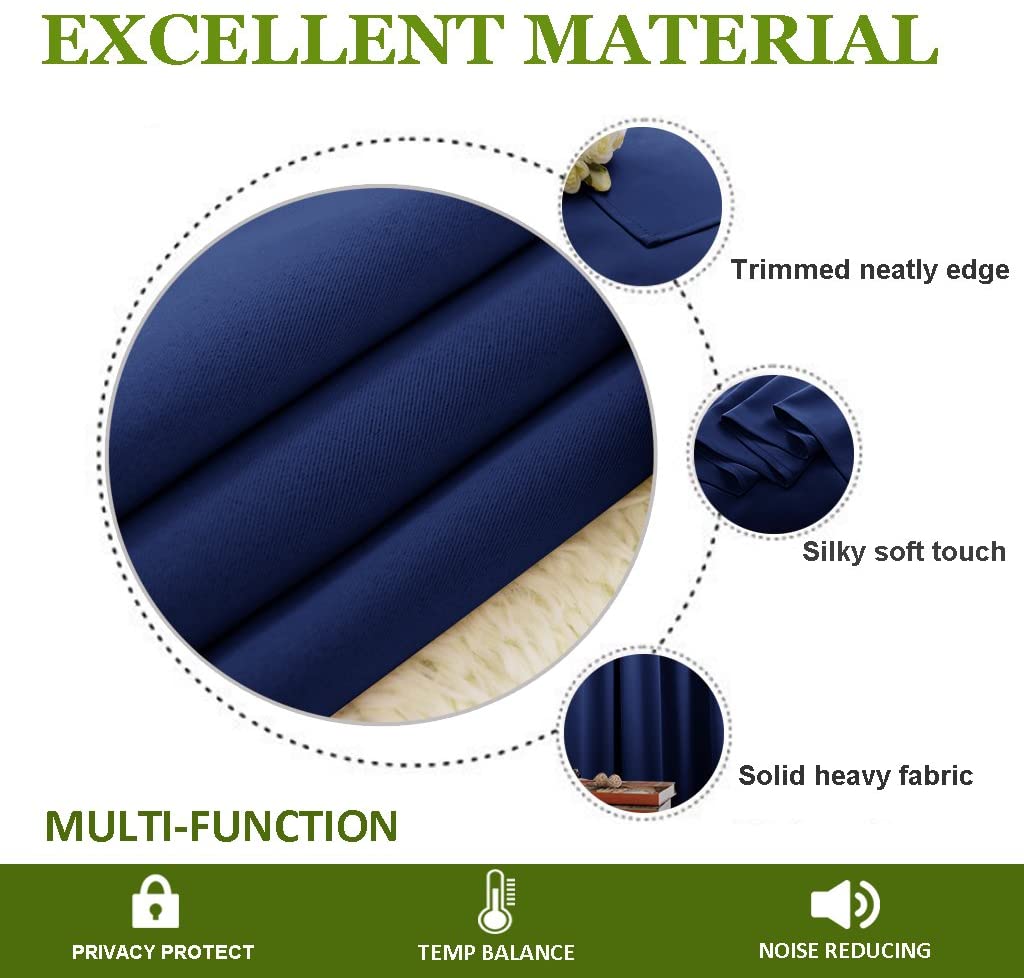 Close-up of navy thermal insulated blackout curtain fabric, showing silky texture, neatly trimmed edges, and solid heavy material.
