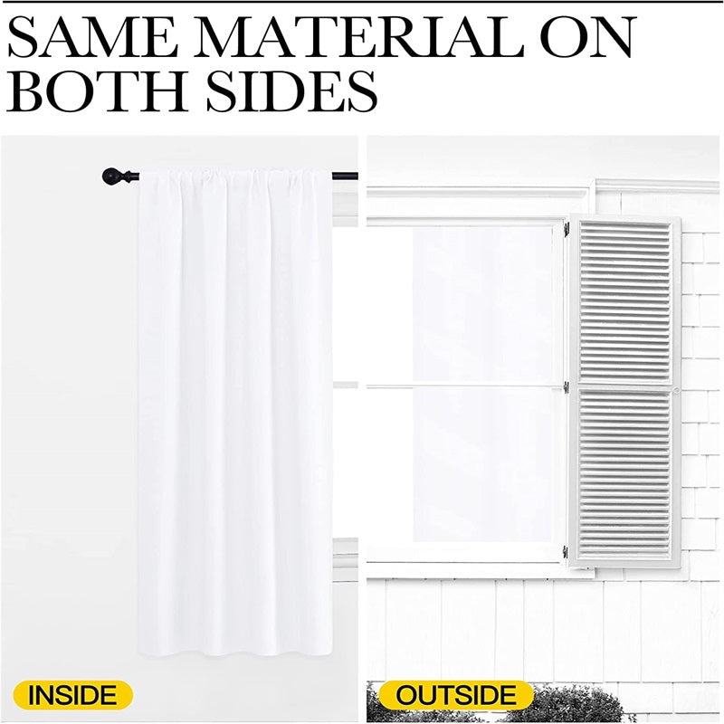 White rod pocket thermal insulated blackout curtain displaying consistent material appearance on both interior and exterior sides.
