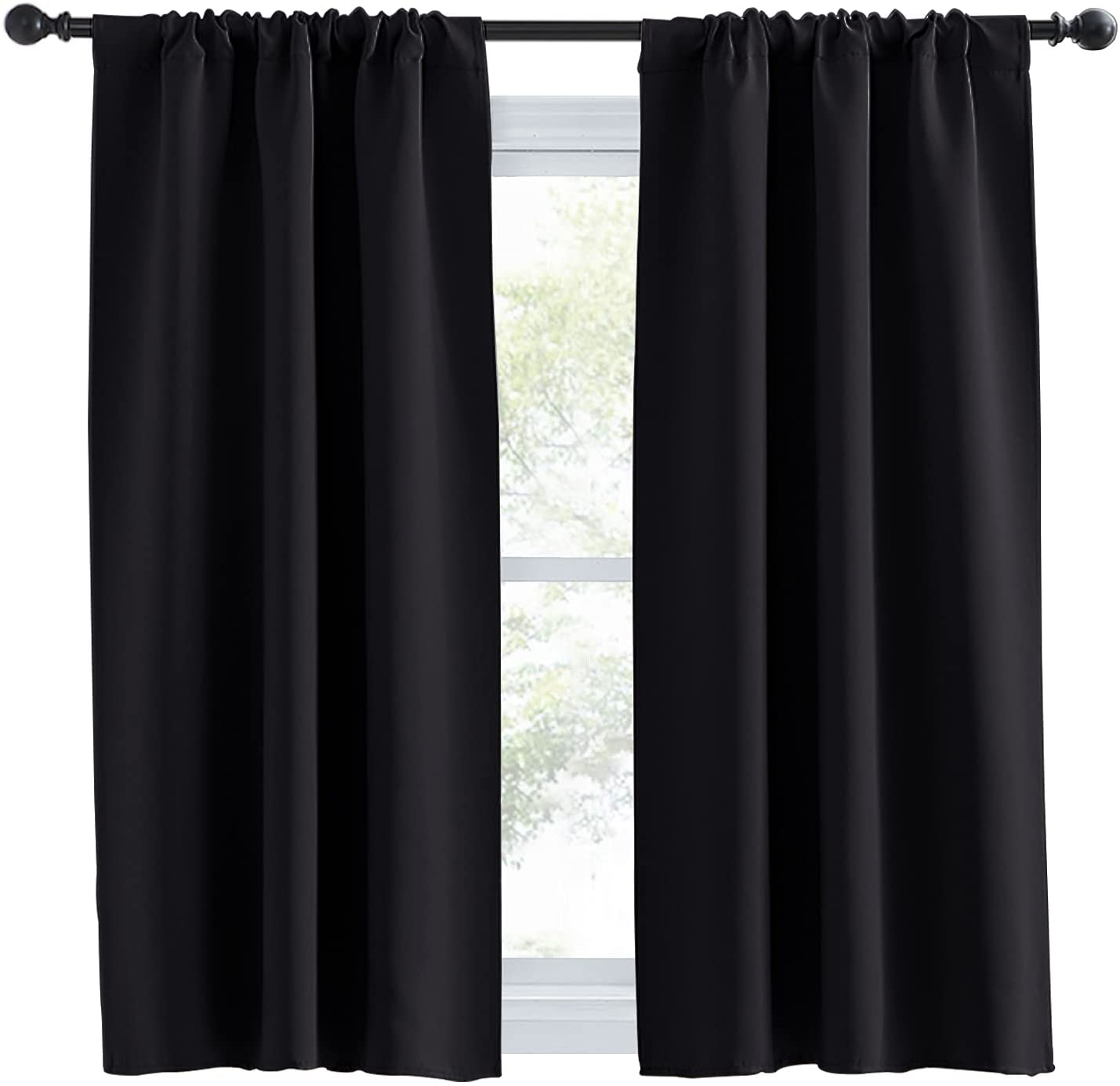 Black rod pocket thermal insulated blackout curtains, 2 panels, providing privacy for living rooms or bedrooms.