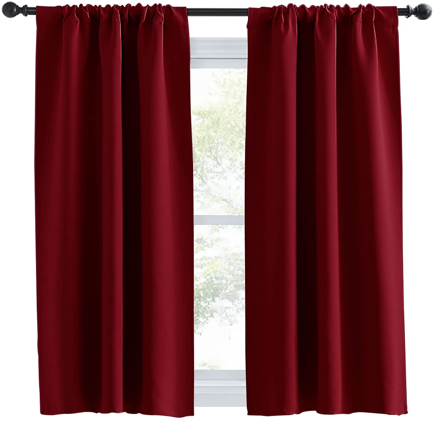 Two deep red rod pocket thermal insulated blackout curtain panels for living room and bedroom windows.