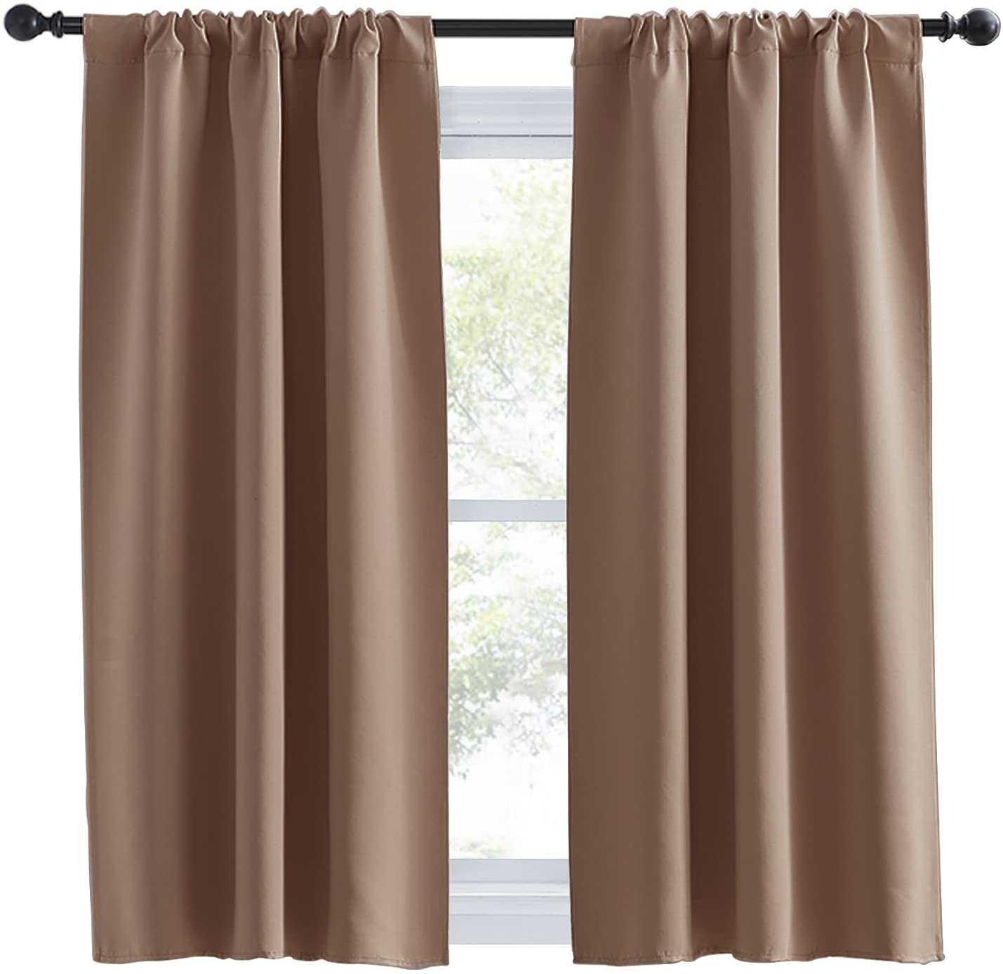 Two panels of light brown rod pocket thermal insulated blackout curtains for living room and bedroom windows.