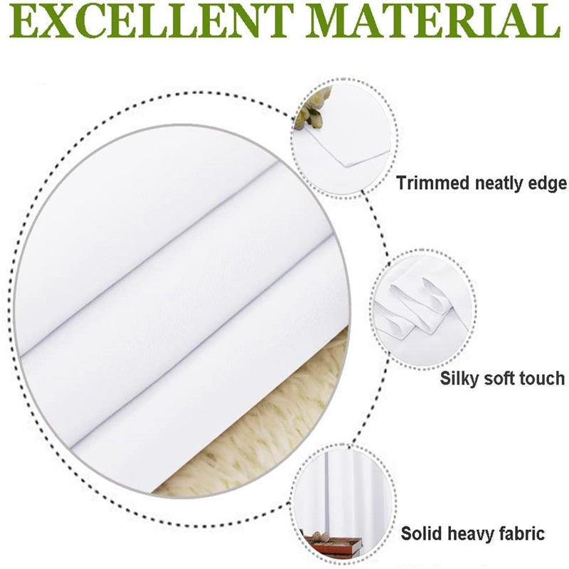 White thermal insulated blackout curtain material showcasing neat edges, silky soft touch, and solid heavy fabric for living rooms & bedrooms.
