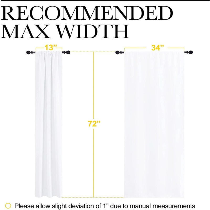 White rod pocket blackout curtain panels with 13", 34" max width and 72" length measurements for optimal drape.