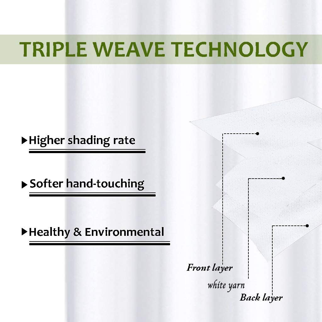 Diagram illustrating triple weave blackout curtain technology with front, white yarn, and back layers for high shading rate and soft texture.