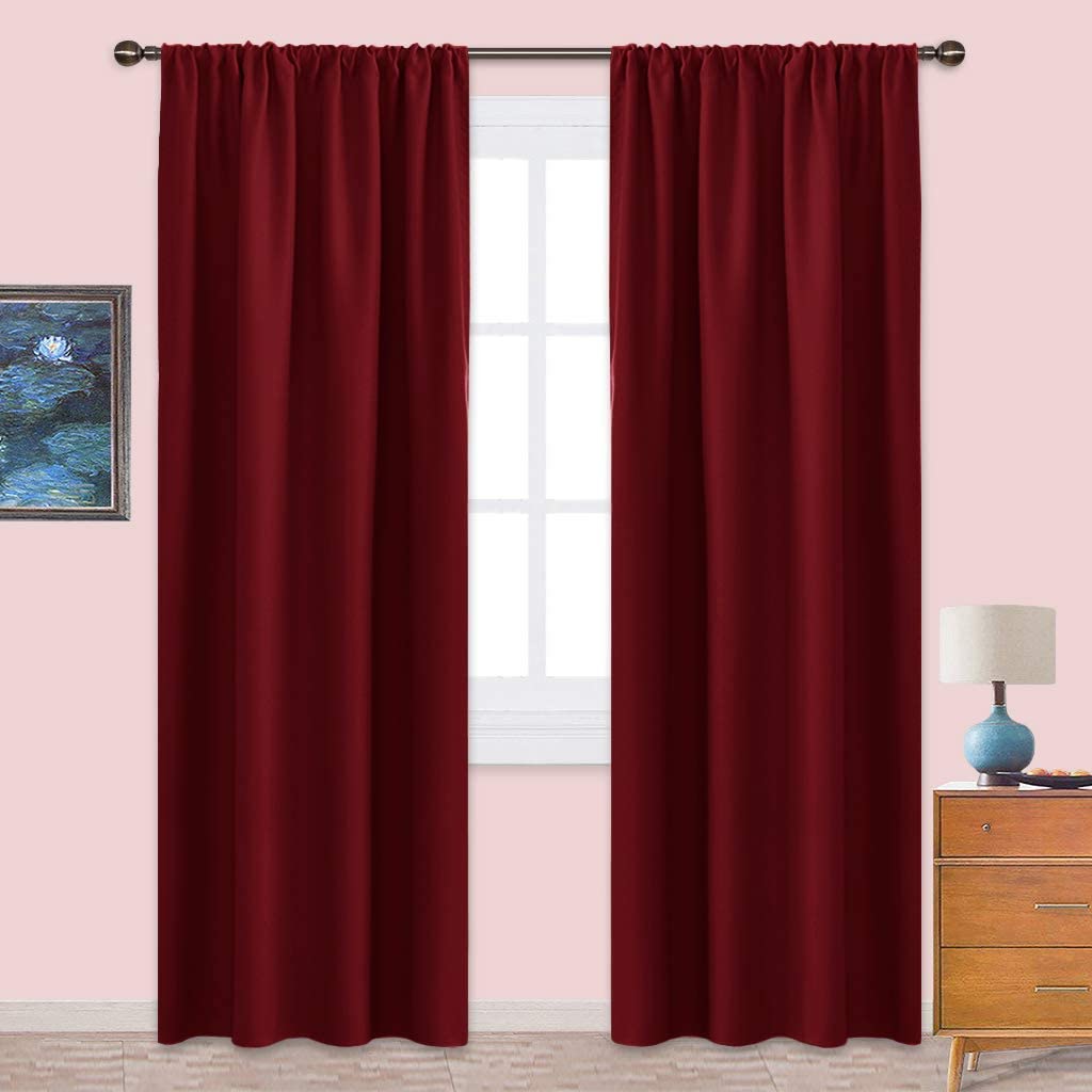 Vibrant deep red Rod Pocket blackout curtains (2 panels) for living room or bedroom, offering Triple Weave room darkening & privacy.