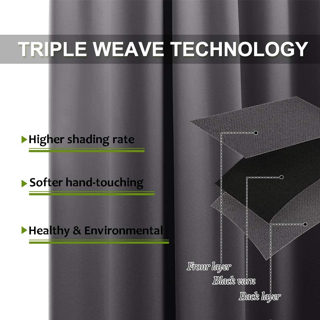 KGORGE triple weave blackout curtain fabric diagram showing front, black yarn, back layers for higher shading rate & softer touch.