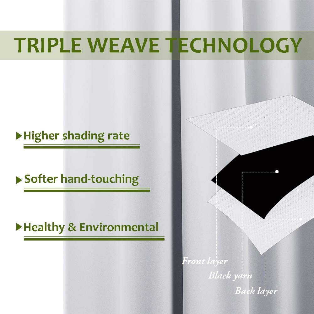 Diagram illustrates triple weave blackout curtain fabric construction: front layer, black yarn, back layer. Ensures high shading, soft feel.