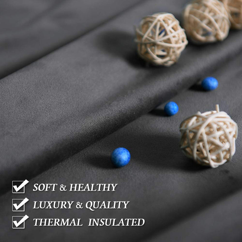 Luxurious black velvet curtain fabric, soft, thermal insulated, and noise reducing for living room or bedroom rod pocket panels.