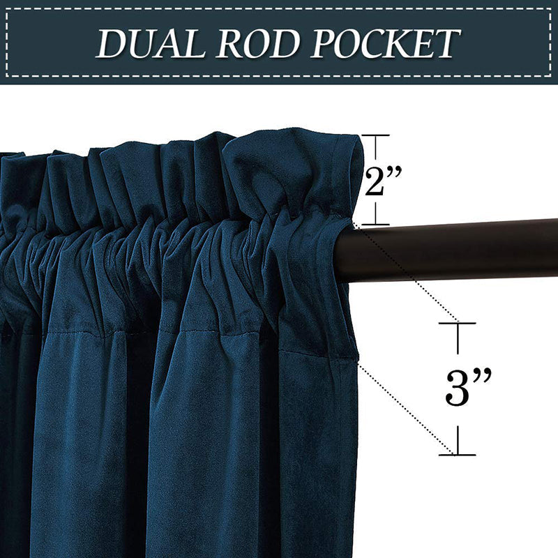 Luxury navy velvet blackout curtain showing dual rod pocket, 2" ruffle, and 3" pocket for living room & bedroom.