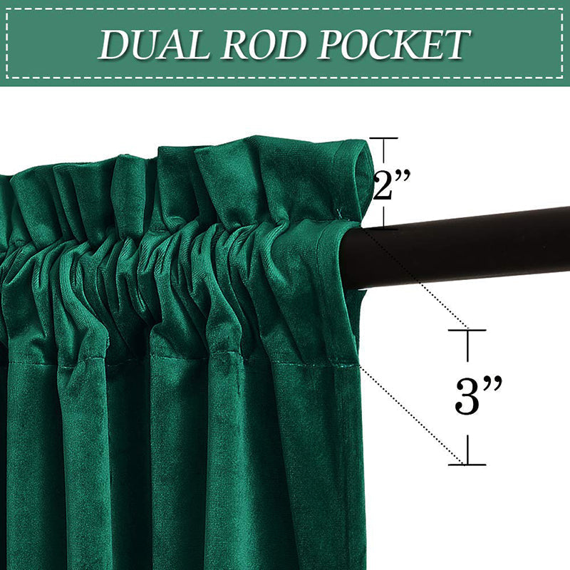 Close-up of deep green velvet dual rod pocket blackout curtains on a rod, showing 2" and 3" pocket sizes for luxury style.